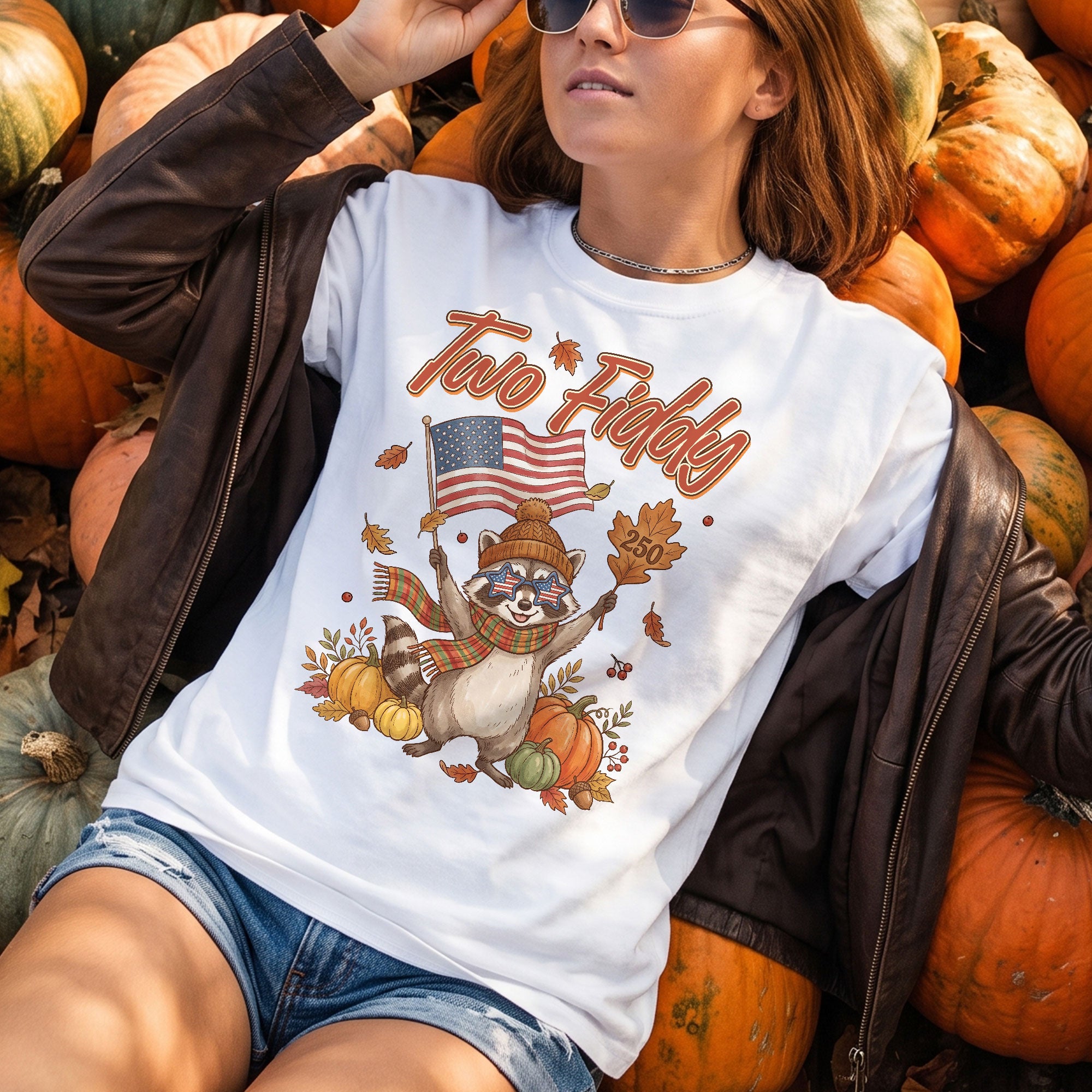 Two Fiddy Fall Vibes Shirt Cute Raccoon Pumpkin US Flag Autumn Graphic Tee