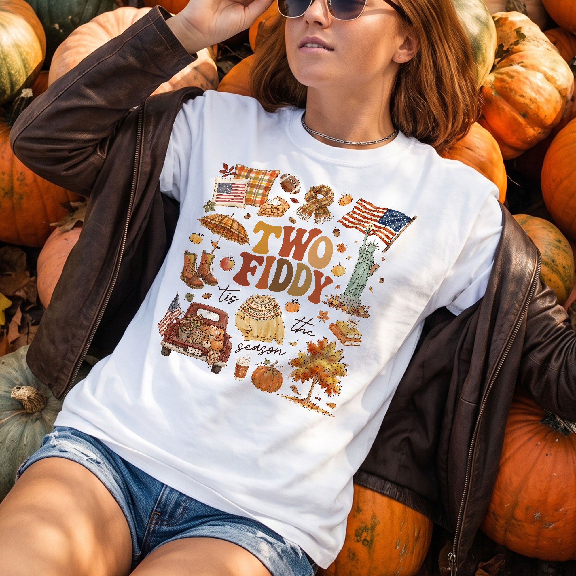 Two Fiddy Tis The Season Shirt Fall Doodle Pumpkin Statue of Liberty US Flag Tee