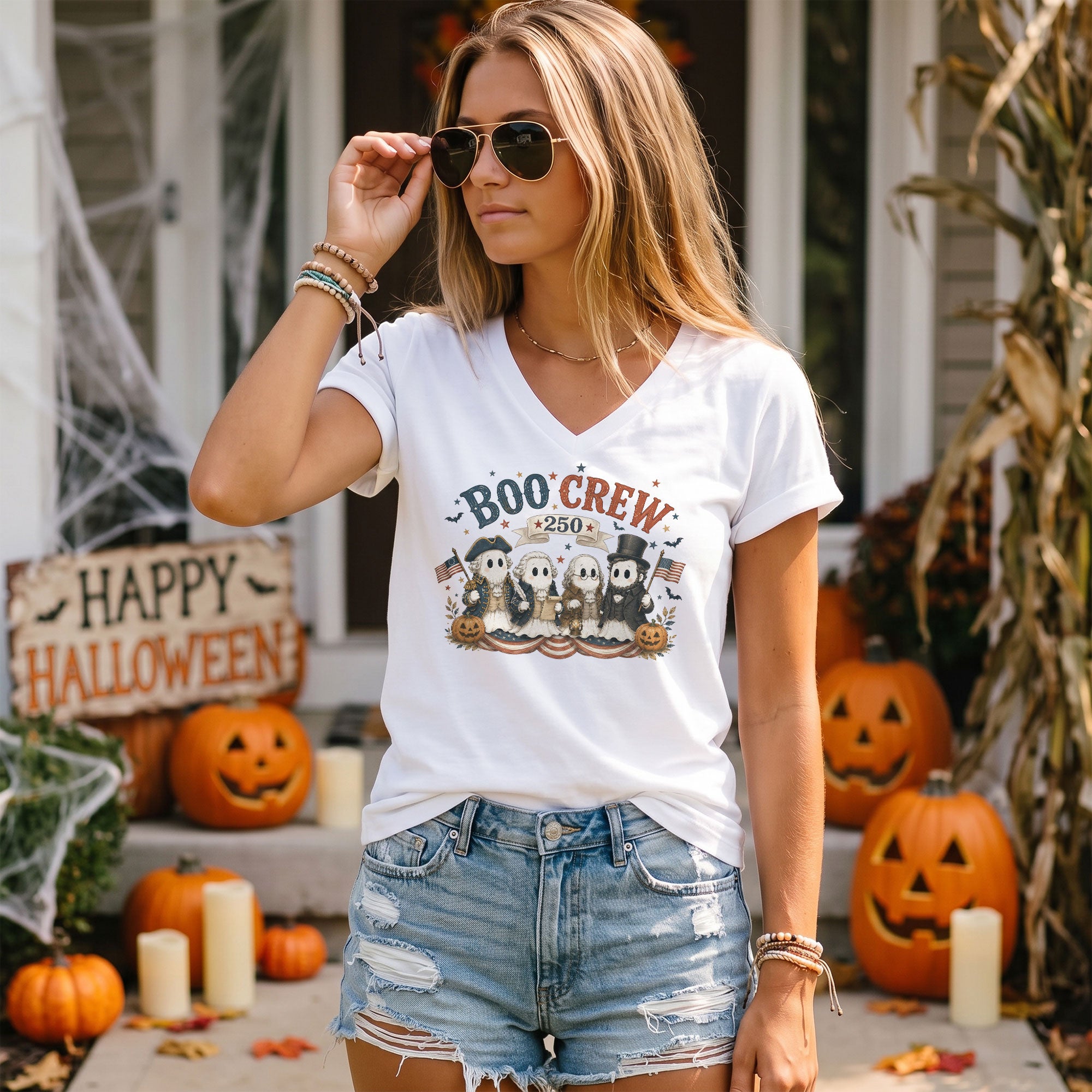 Patriotic Boo Crew Halloween V-Neck Shirt Women Cute Ghost Historical Figures Tee