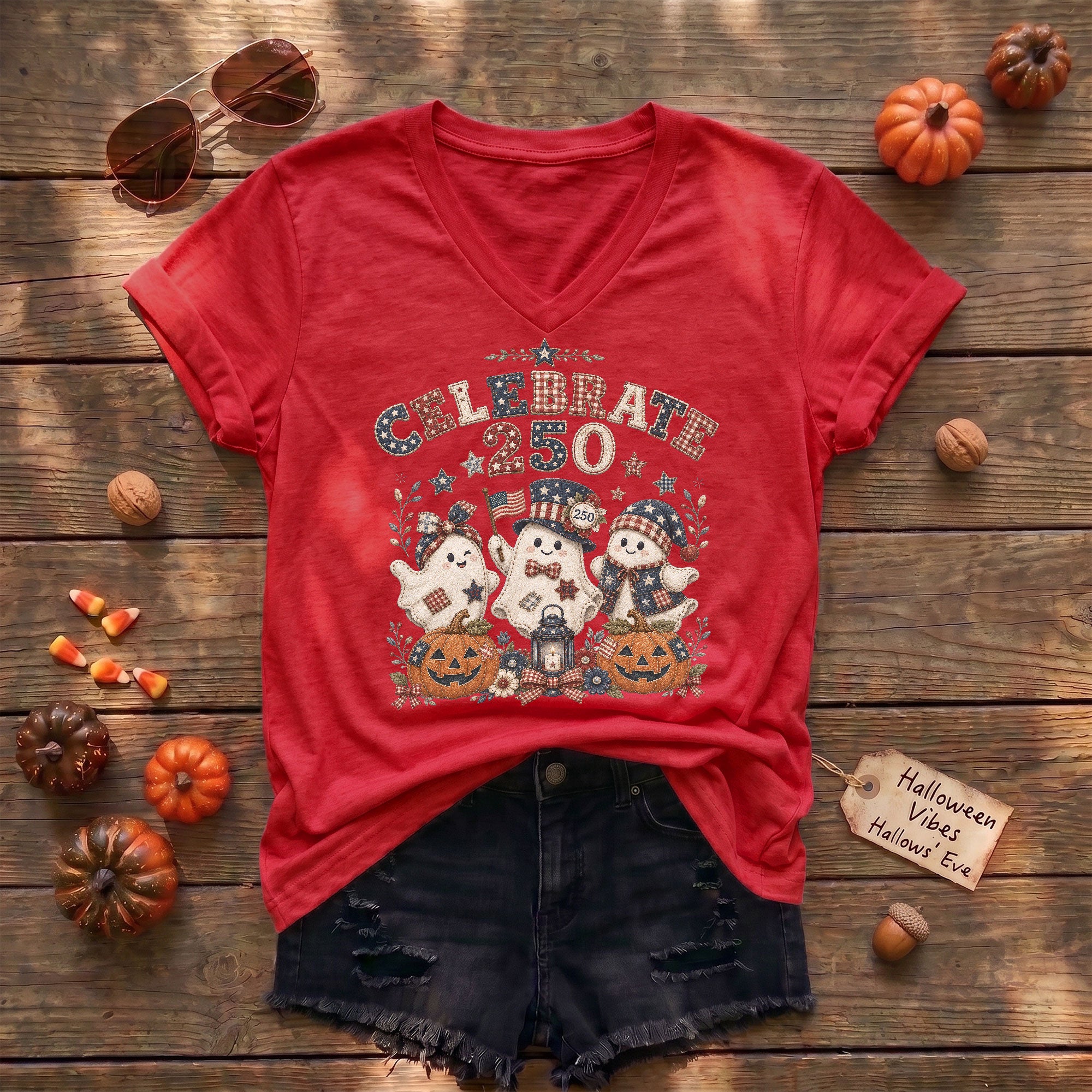 Patriotic Ghost Halloween V-Neck Shirt Women Cute Spooky Celebrate Party Graphic Tee