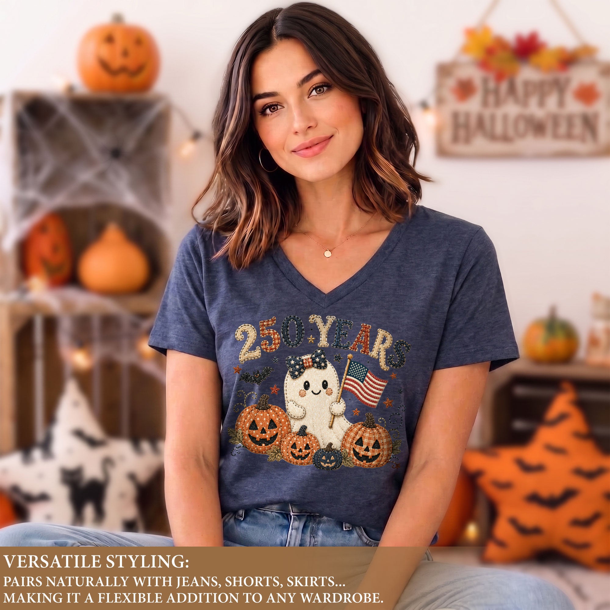 Cute Patriotic Ghost Halloween V-Neck Shirt Women Spooky Pumpkin Flag Graphic Tee