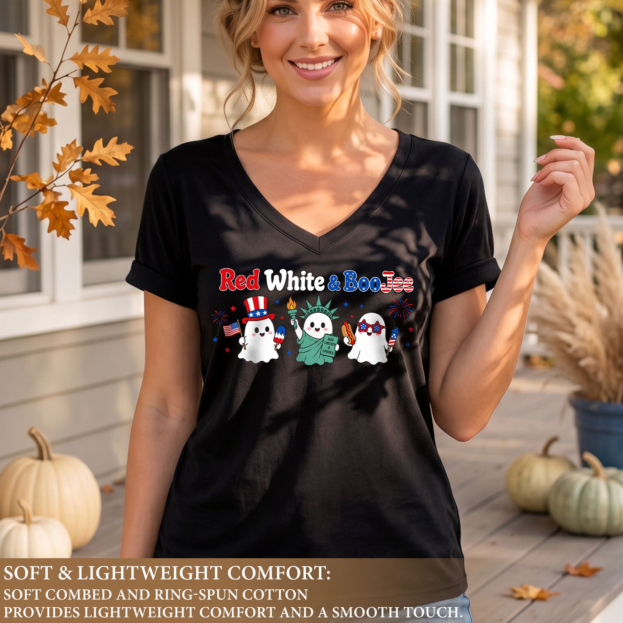 Red White And BooJee V Neck Shirt Cute Patriotic Ghost Women Graphic Tee