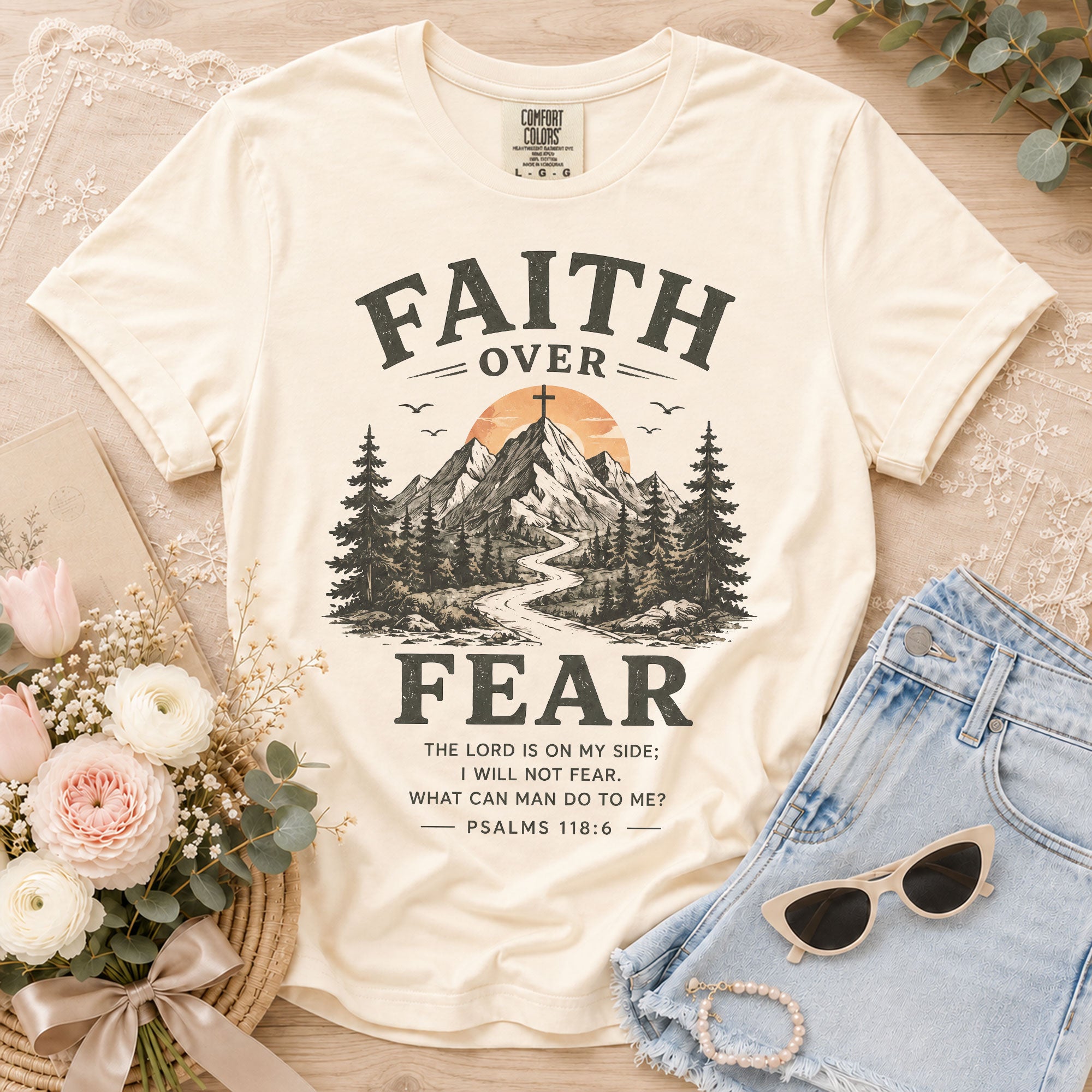 Faith Over Fear Christian Women Shirt Mountain Cross Graphic Inspirational Faith Tee