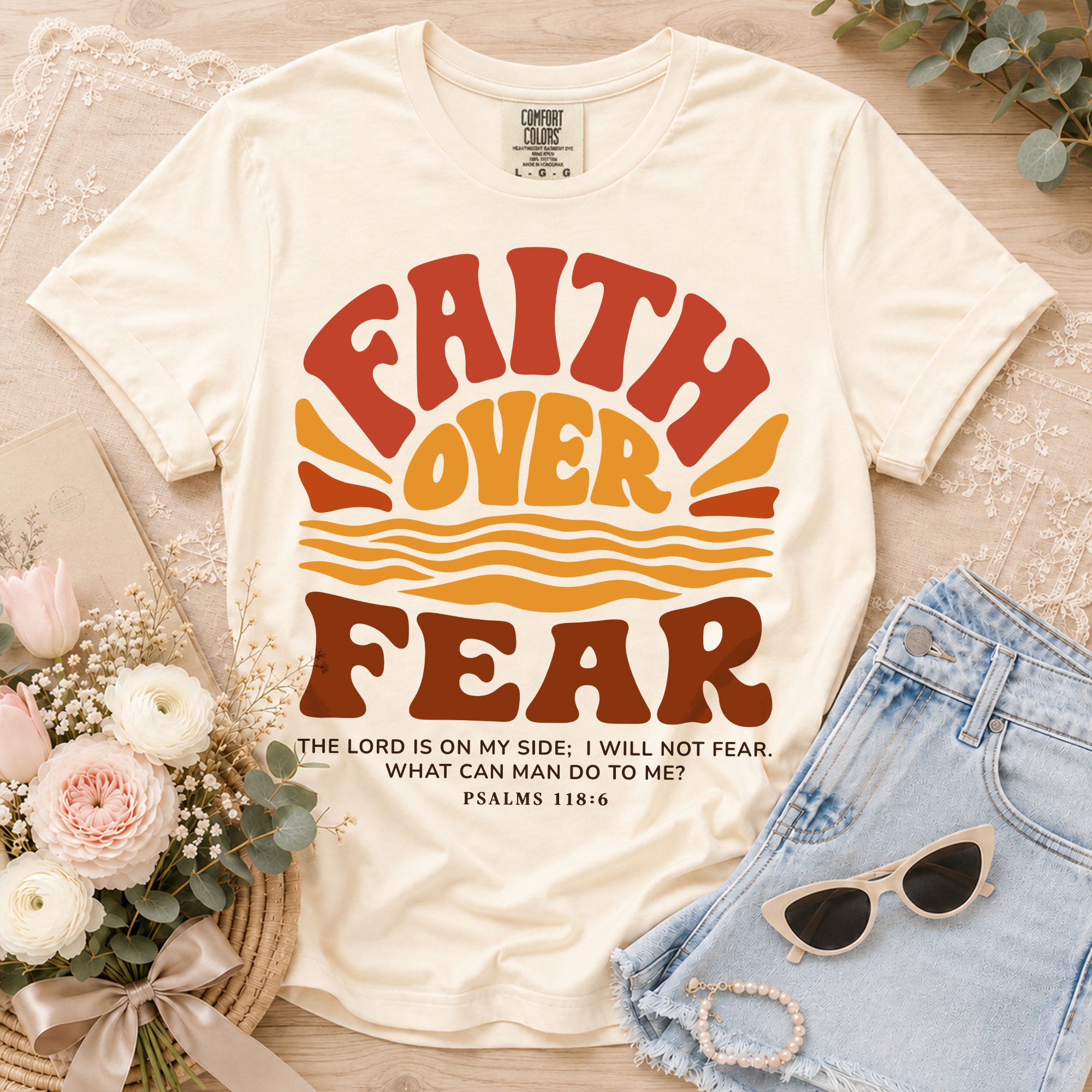Faith Over Fear Christian Women Shirt Retro Sunset Graphic Inspirational Scripture Tee