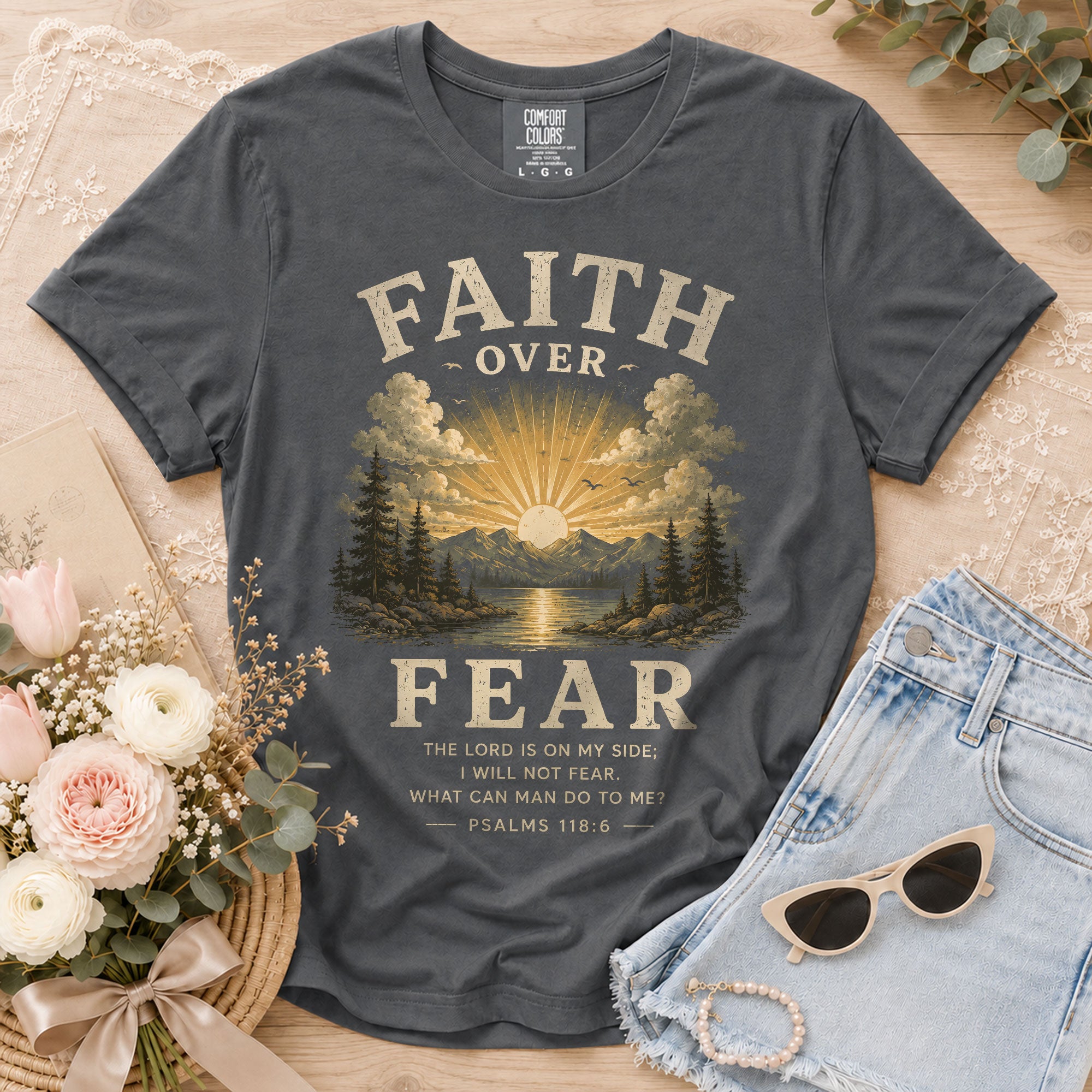 Faith Over Fear Christian Women Shirt Vintage Mountain Sunset Bible Verse T-Shirt