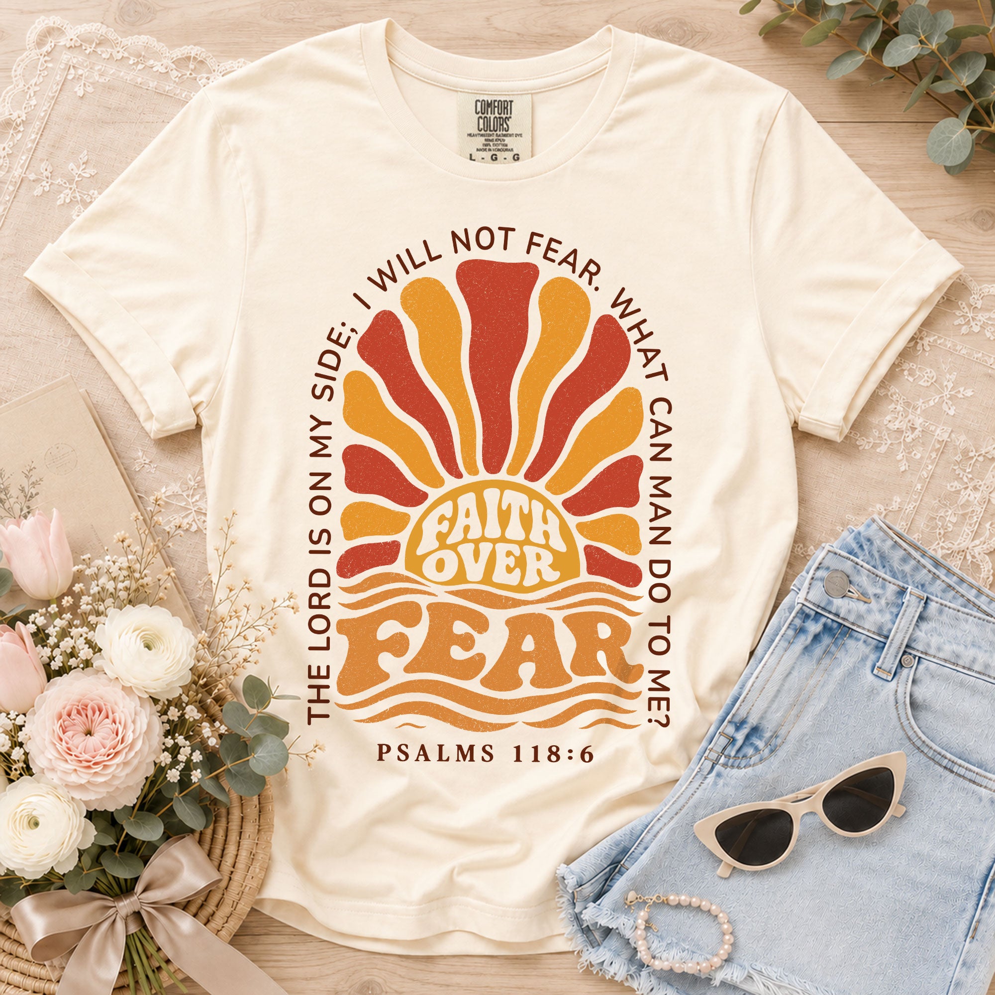 Faith Over Fear Christian Shirt Retro Sunburst Bible Verse Women T-Shirt Tee Gift - Rust Field Wear