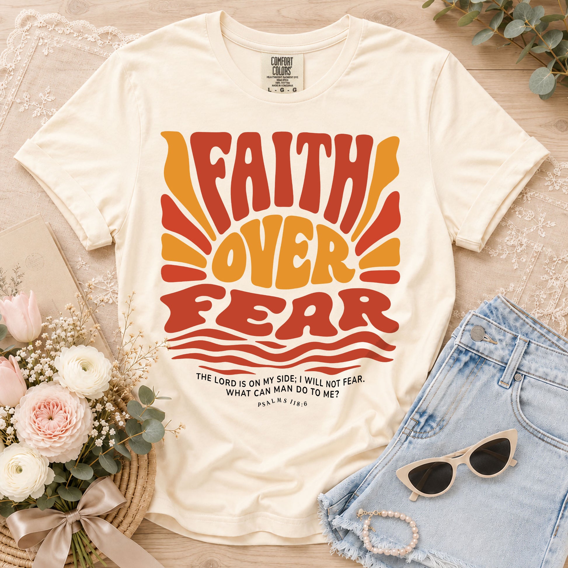 Faith Over Fear Christian Women Shirt Retro Wavy Font Graphic T-Shirt Psalms 118:6 - Rust Field Wear