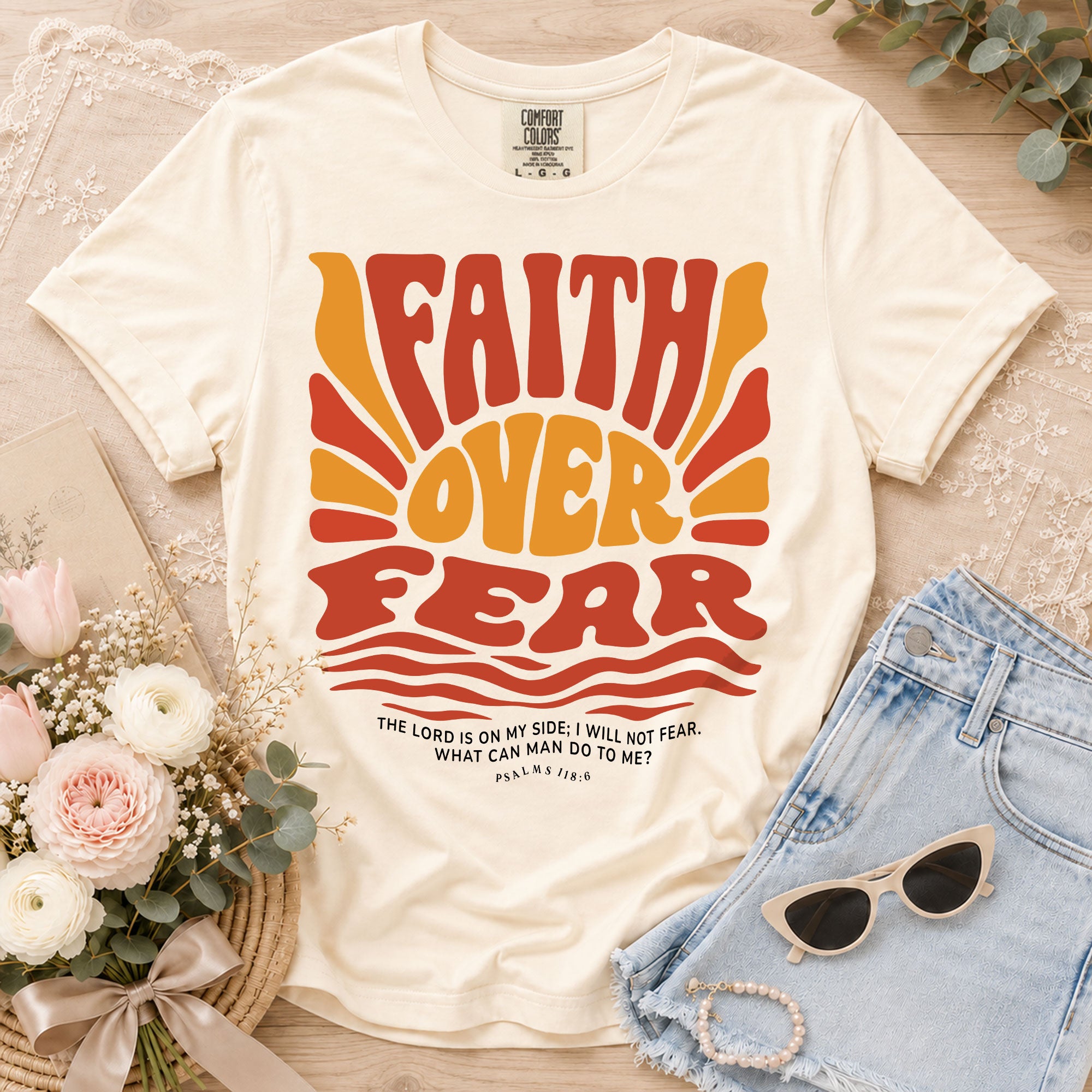 Faith Over Fear Christian Women Shirt Retro Wavy Font Graphic T-Shirt Psalms 118:6 - Rust Field Wear