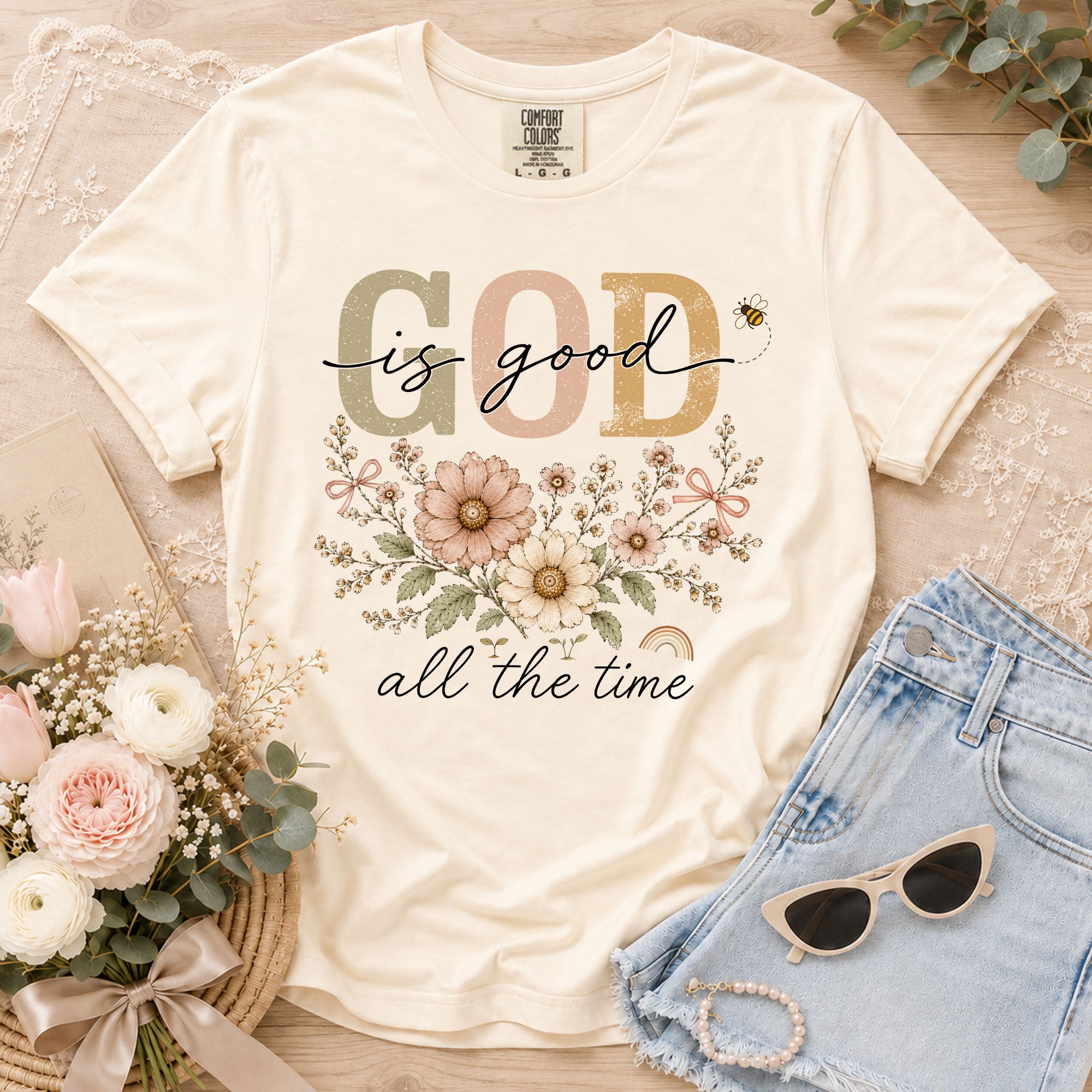 God Is Good All The Time T Shirt Christian Women Floral Bee Religious Tee Apparel
