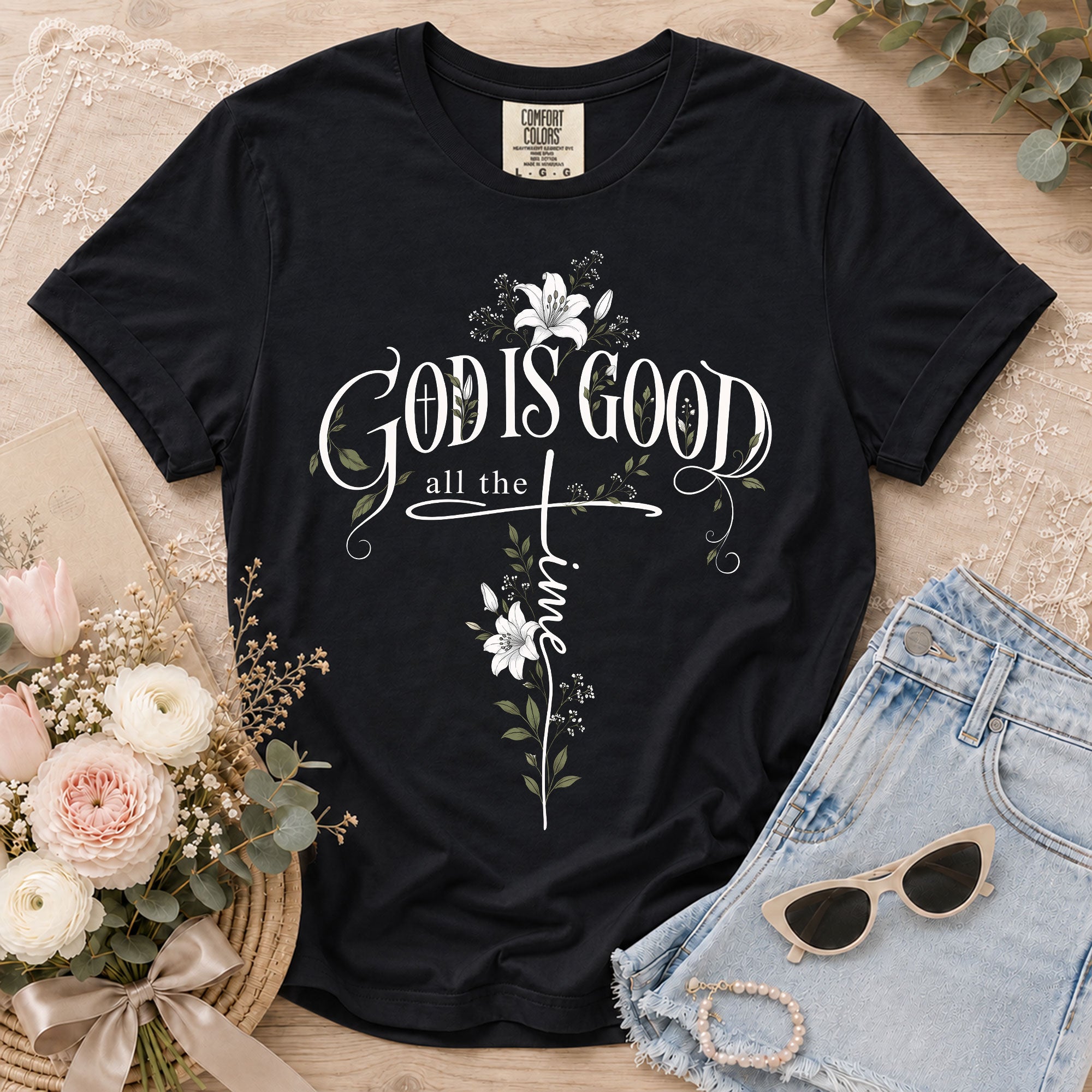 God Is Good All The Time Cross Floral Christian Graphic Casual Crewneck Tee Women