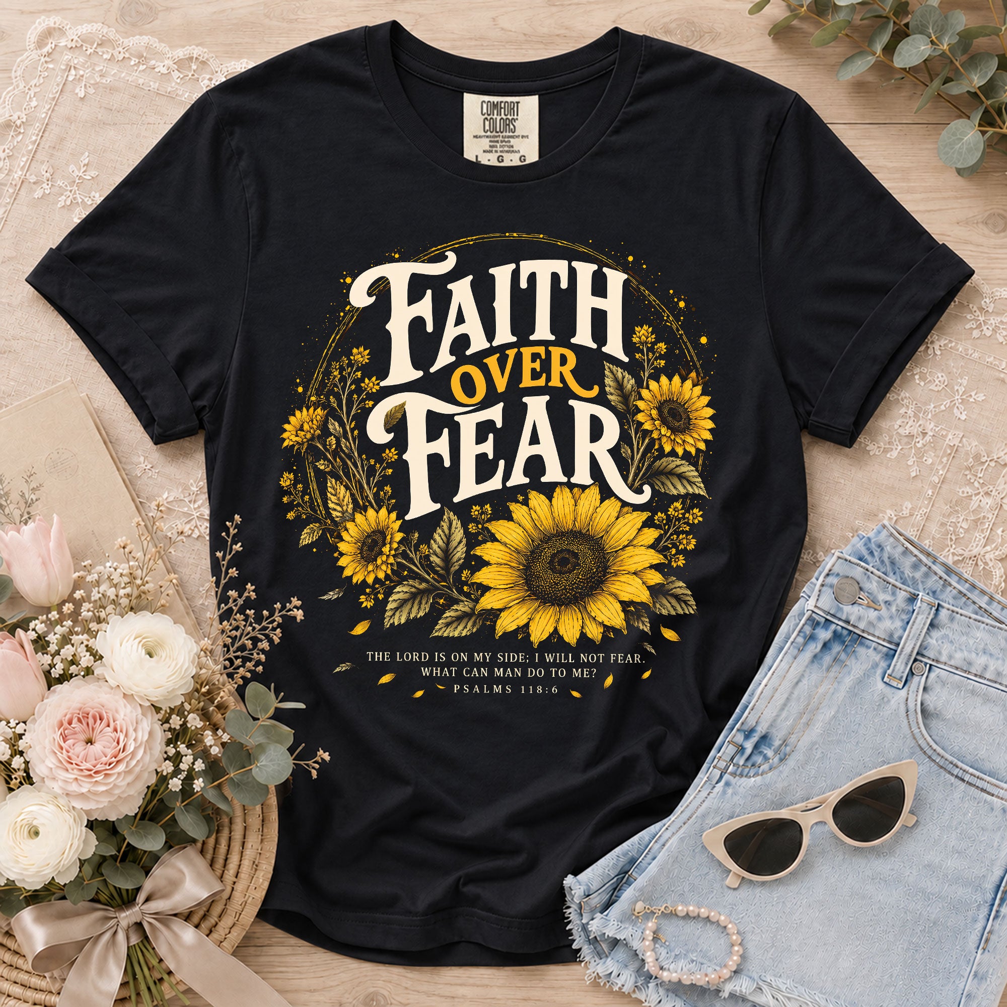 Faith Over Fear Sunflower T-Shirt Christian Verse Psalms 118:6 Floral Gift Tee