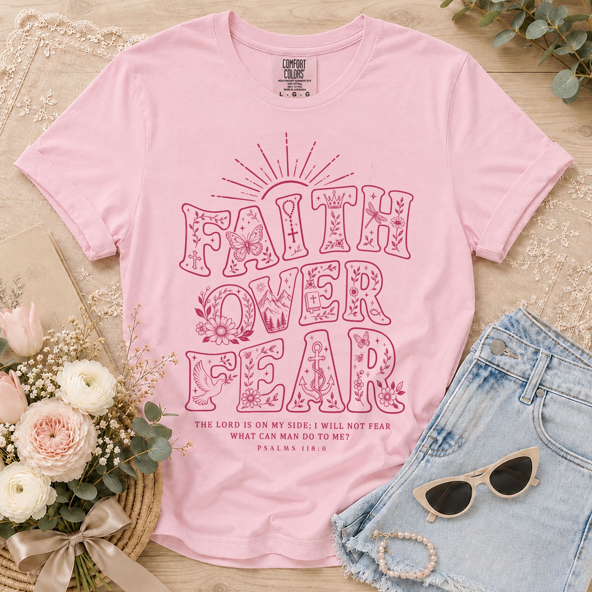 Faith Over Fear Christian Shirt Womens Bible Verse T-Shirt Psalms 118 6 Jesus Tee