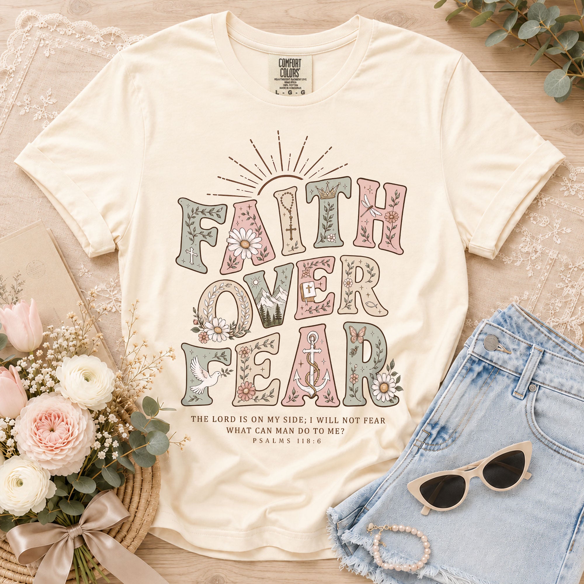 Faith Over Fear Psalms Scripture Christian Graphic Oversized Tee Shirt For Women