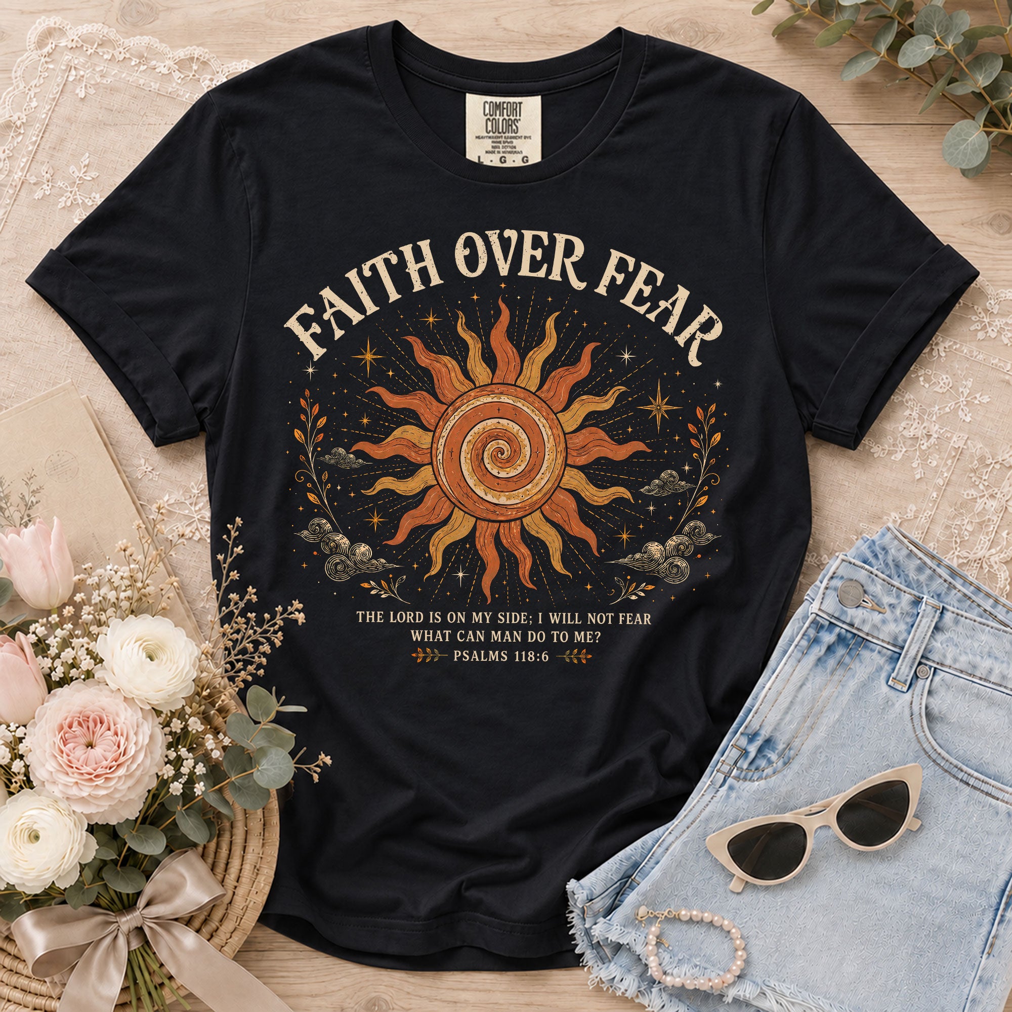 Faith Over Fear T Shirt Christian Women Sun Clouds Psalms 118 6 Religious Tee Top