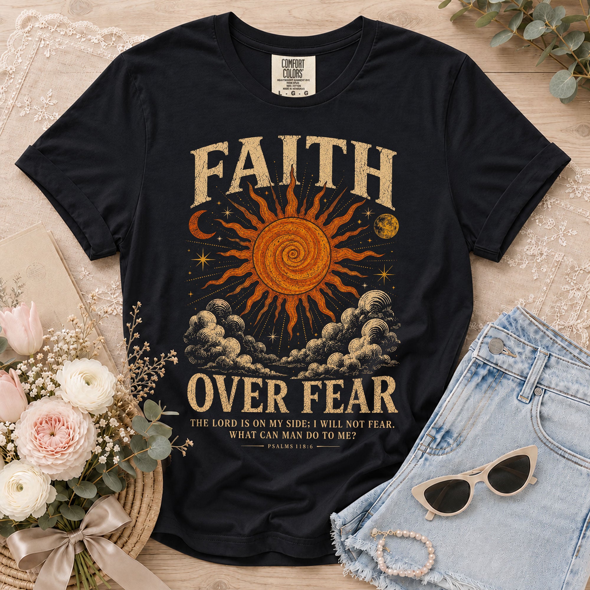 Faith Over Fear T Shirt Christian Women Sun Moon Clouds Psalm 118 6 Religious Tee