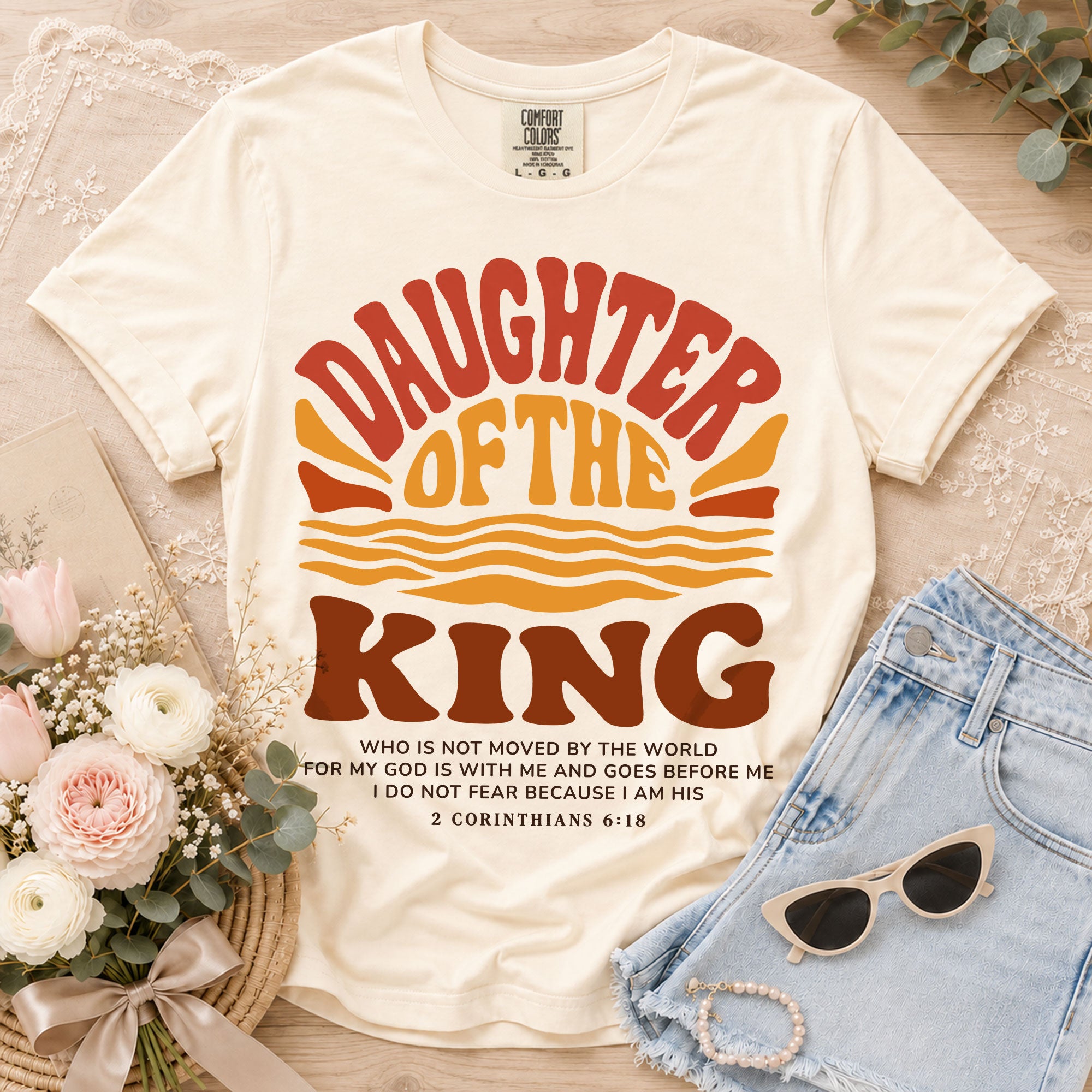 Daughter Of The King Retro Sunset Waves 2 Corinthians 6 18 Christian T Shirt Women