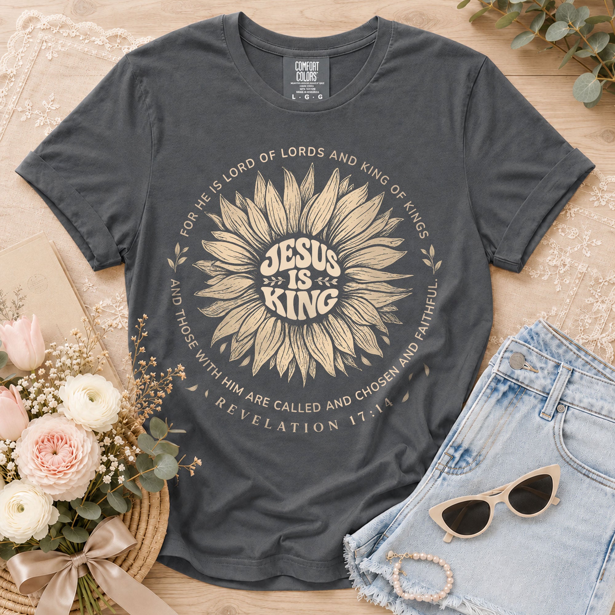 Jesus Is King Sunflower Floral Circle Revelation 17 14 Graphic Christian T Shirt Women