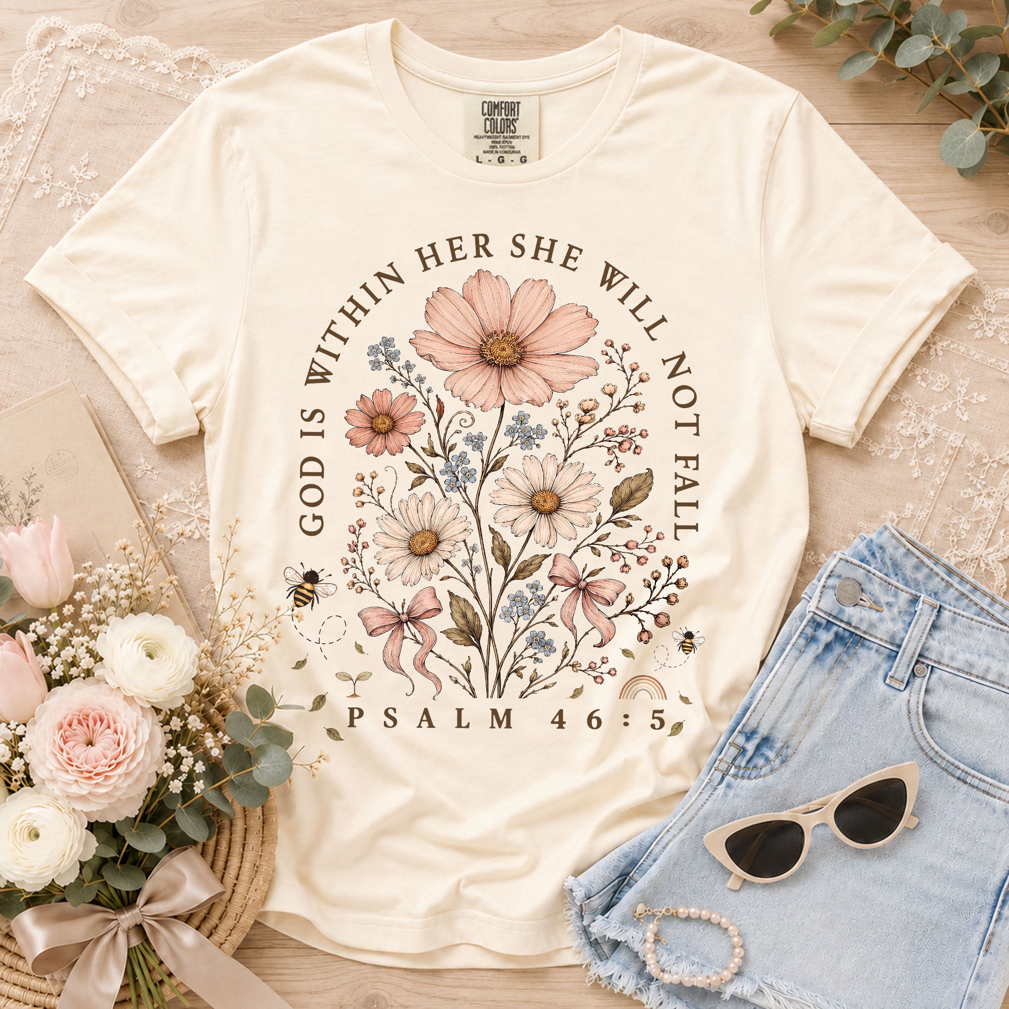 God Is Within Her Shirt Wildflower Floral Bee Christian Bible Verse Women Graphic Tee