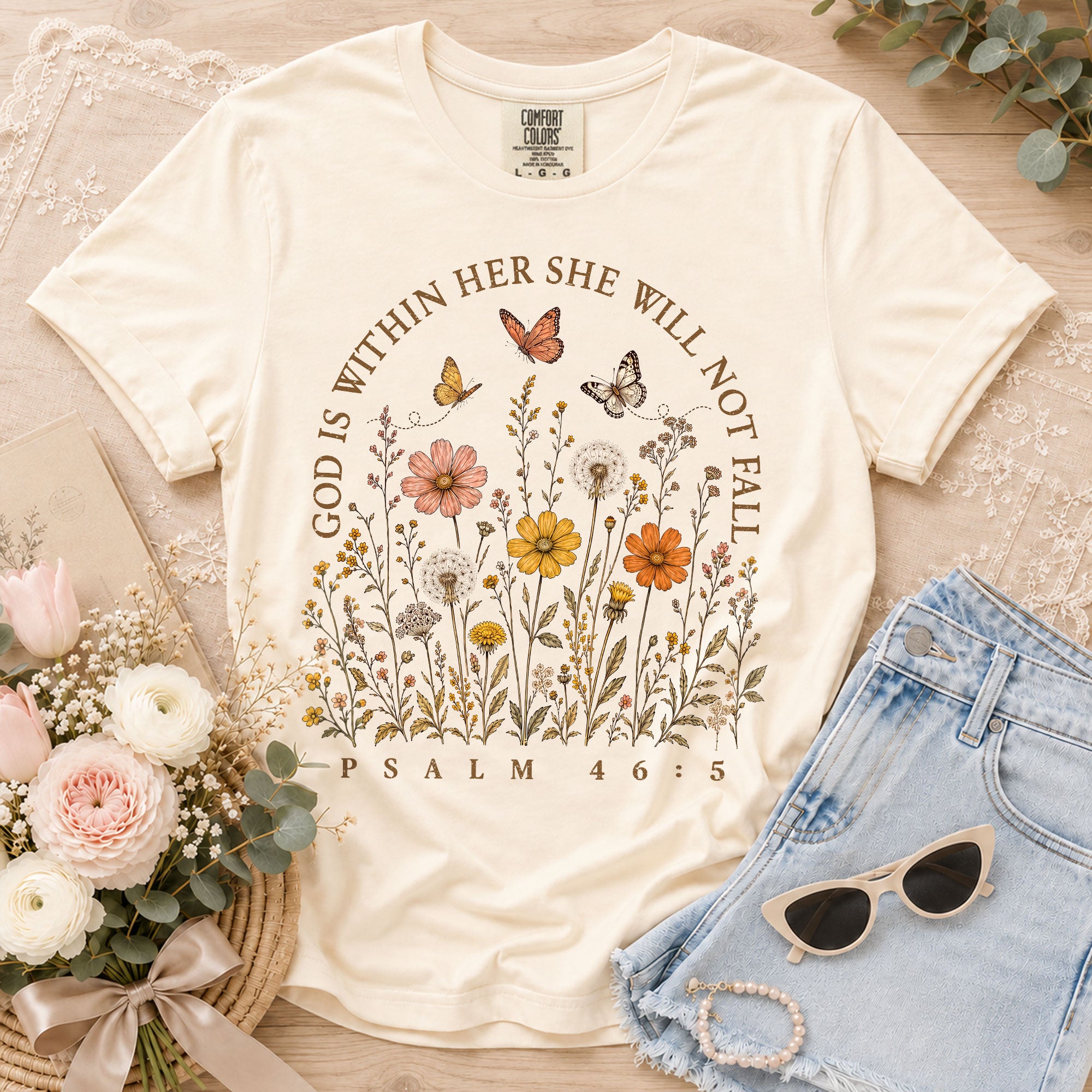 God Is Within Her She Will Not Fall Shirt Butterfly Christian Psalm 46 5 Graphic Tee