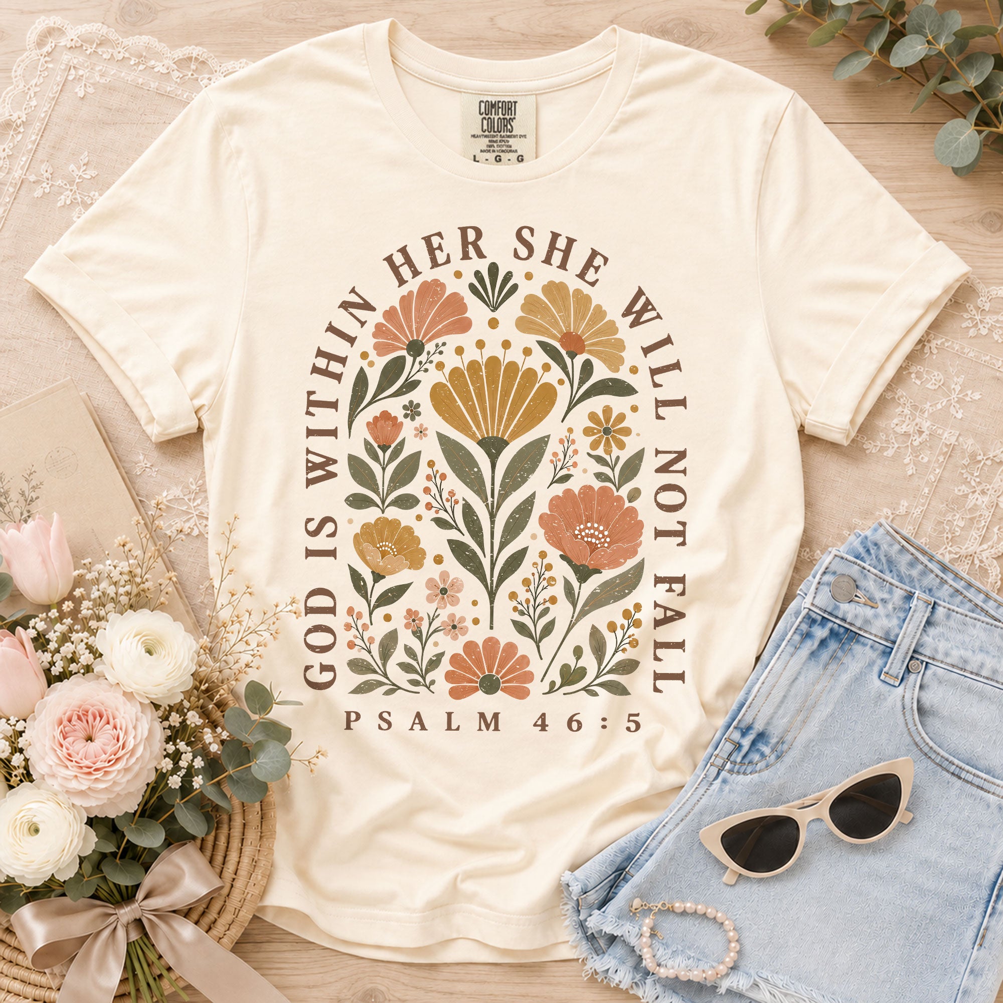 God Is Within Her She Will Not Fall Shirt Floral Christian Psalm 46 5 Graphic Tee