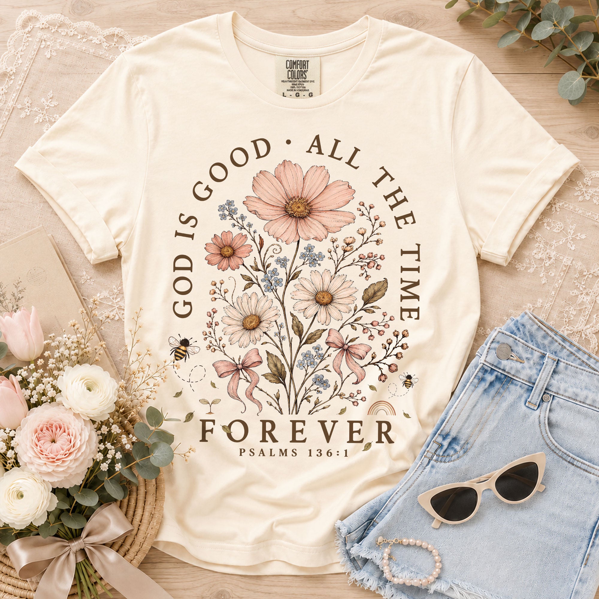 God Is Good All The Time Shirt Wildflower Christian Psalms 136 1 Faith Graphic Tee