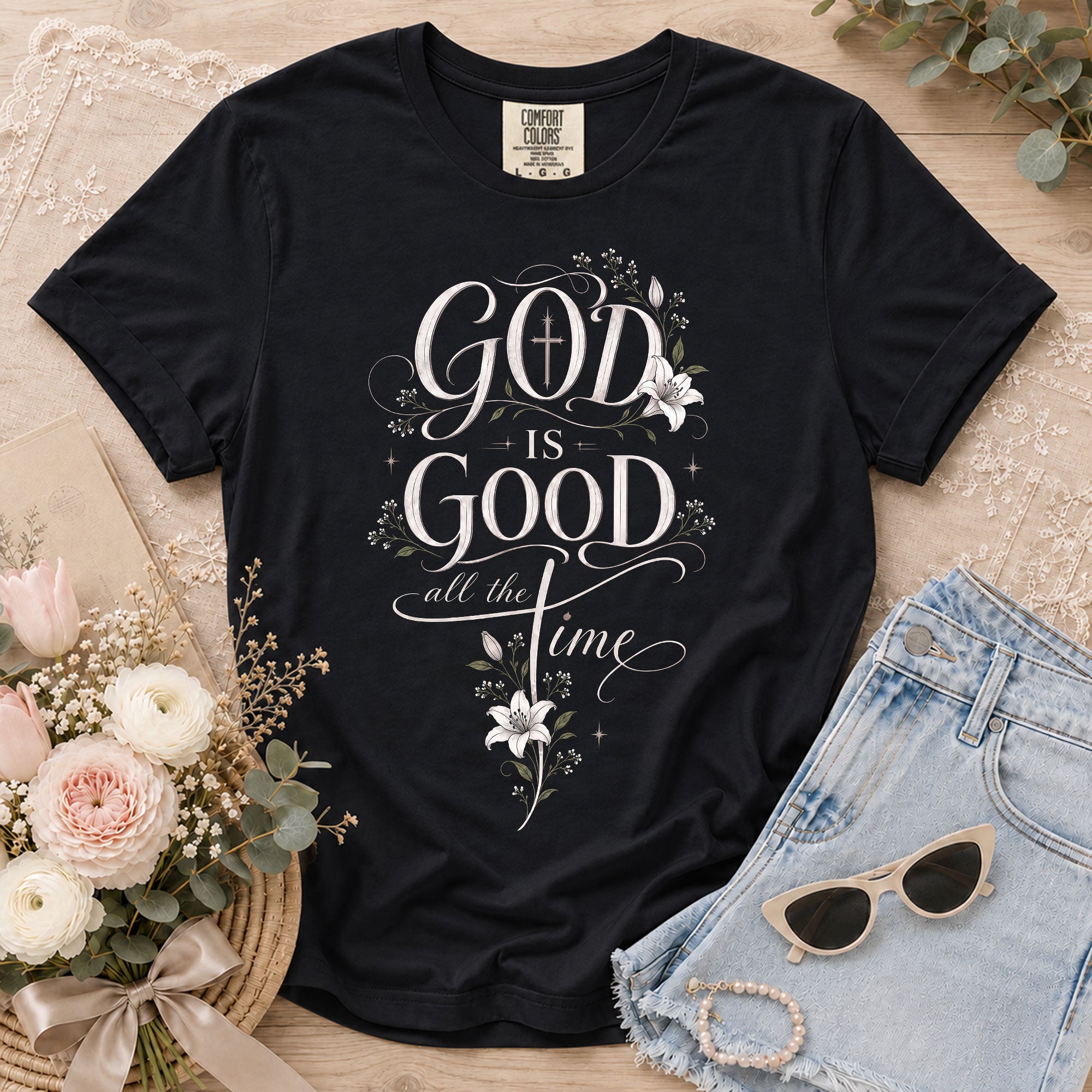 God Is Good Shirt Floral Lily Cross Christian Women Faith Quote Elegant Graphic Tee