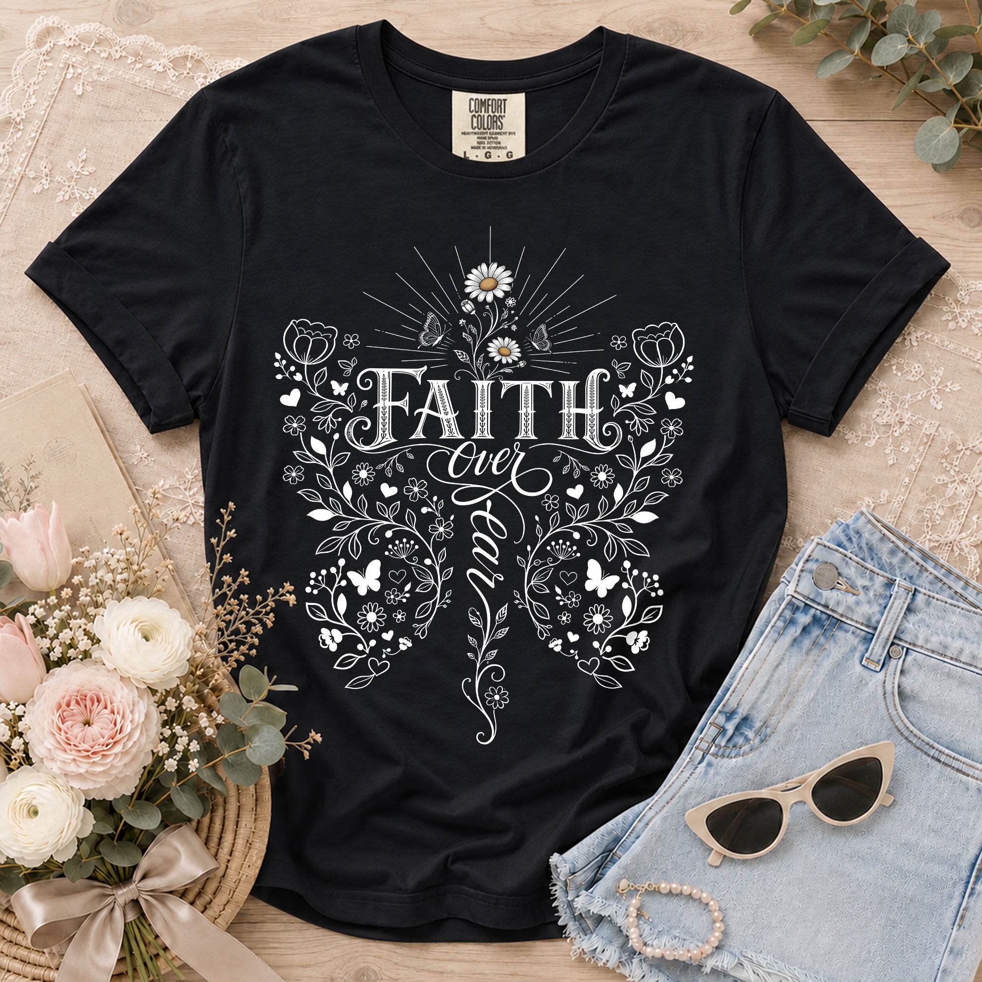 Faith Over Fear Butterfly Floral Christian Graphic Casual Crewneck Tee Shirt Women