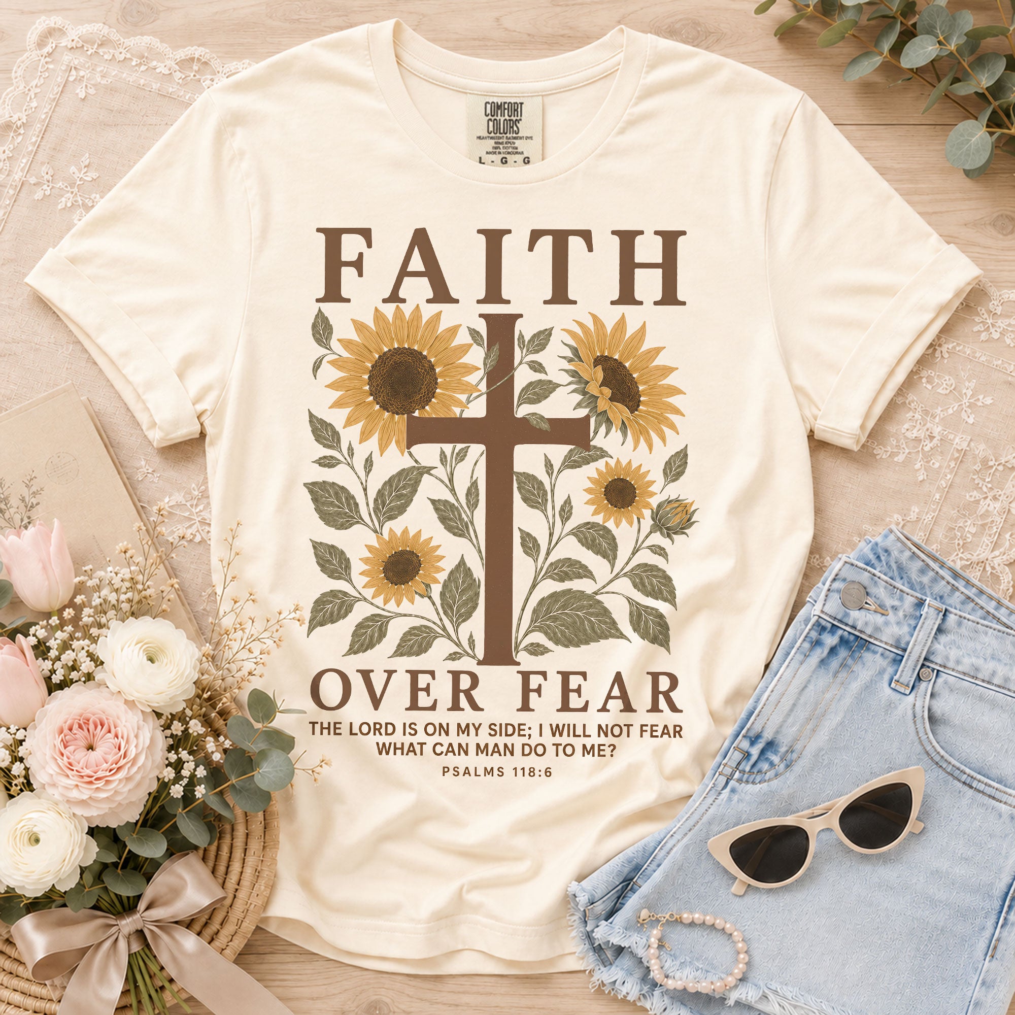 Faith Over Fear Shirt Christian Women Sunflower Cross Shirt Psalm 118 Bible Verse Floral Tee