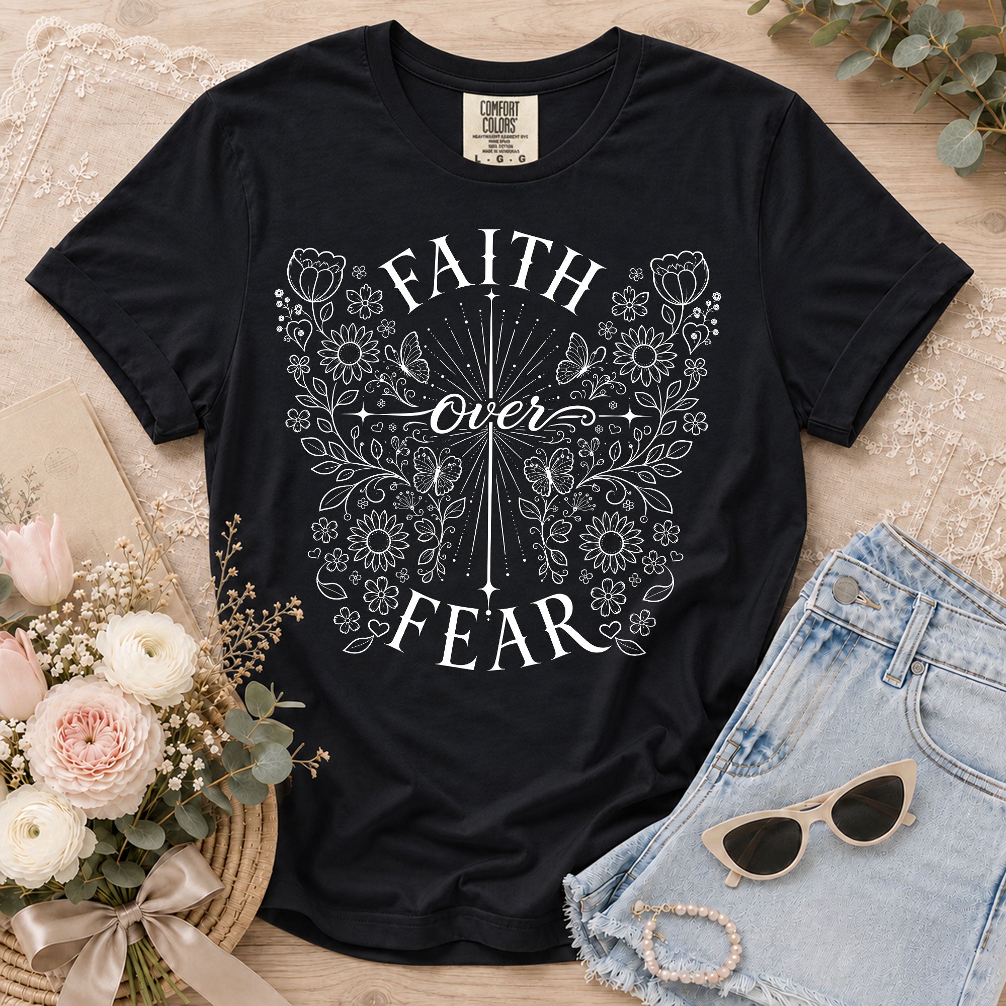 Faith Over Fear Shirt Christian Women Butterfly Floral Line Art Shirt Cross Jesus Graphic Tee