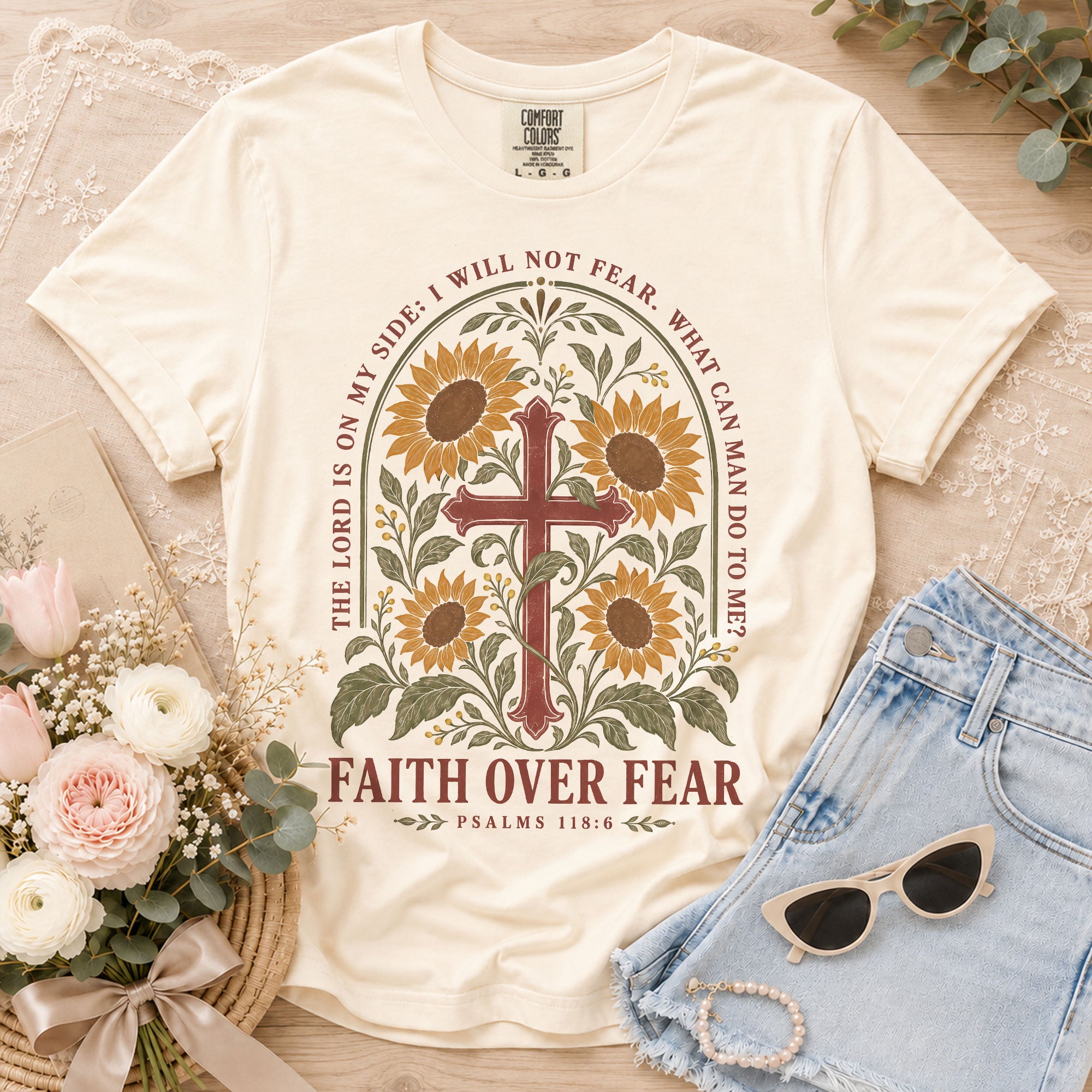 Faith Over Fear Shirt Women Sunflower Cross Christian Shirt Aesthetic Bible Verse Graphic