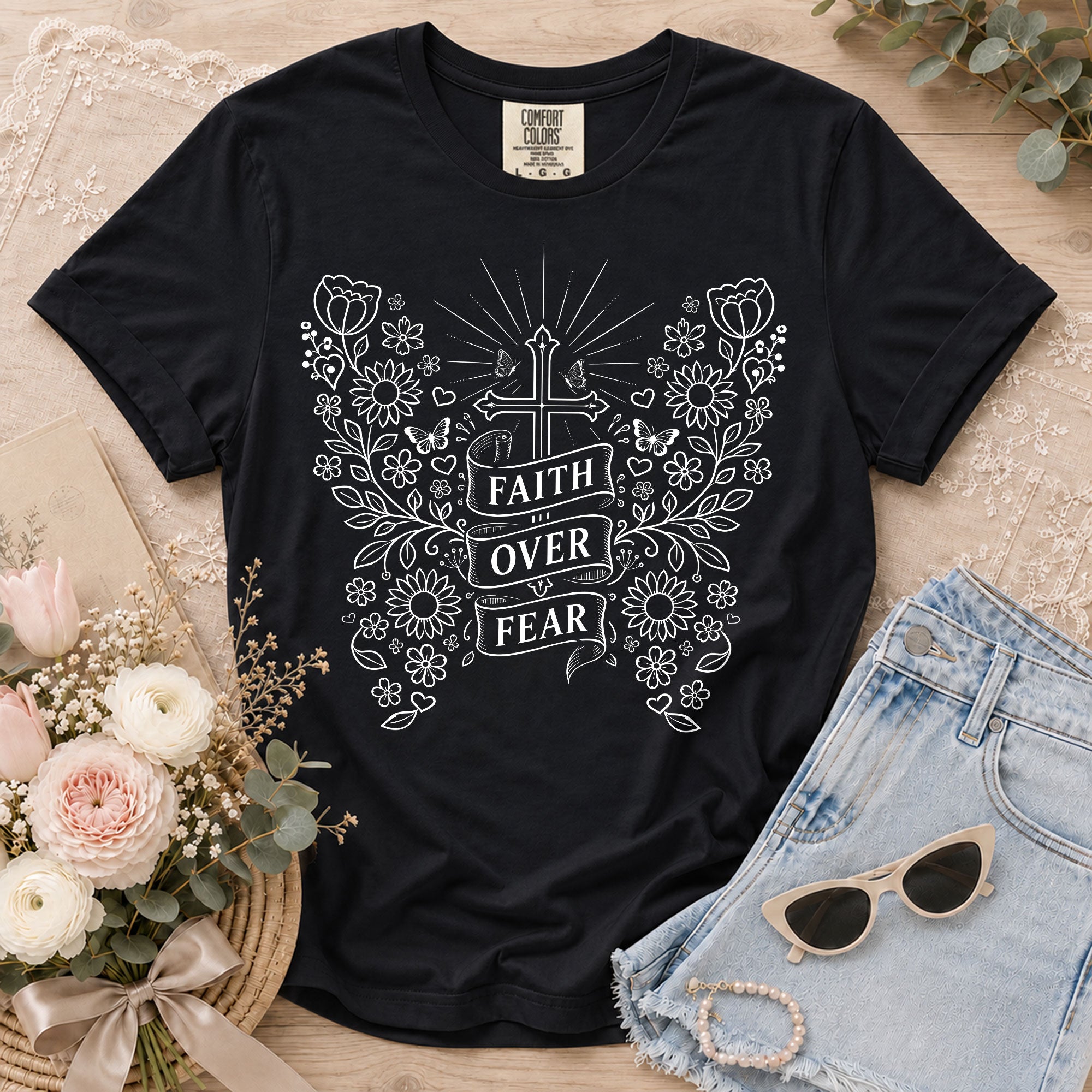 Faith Over Fear Shirt Christian Women Shirt Floral Butterfly Cross Aesthetic Jesus Tee