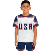Kids USA Soccer Jersey White Youth Red Blue Patriotic Football Tee Shirt