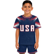 Kids USA Soccer Jersey Navy Blue Youth Red White Blue Patriotic Football Tee Shirt