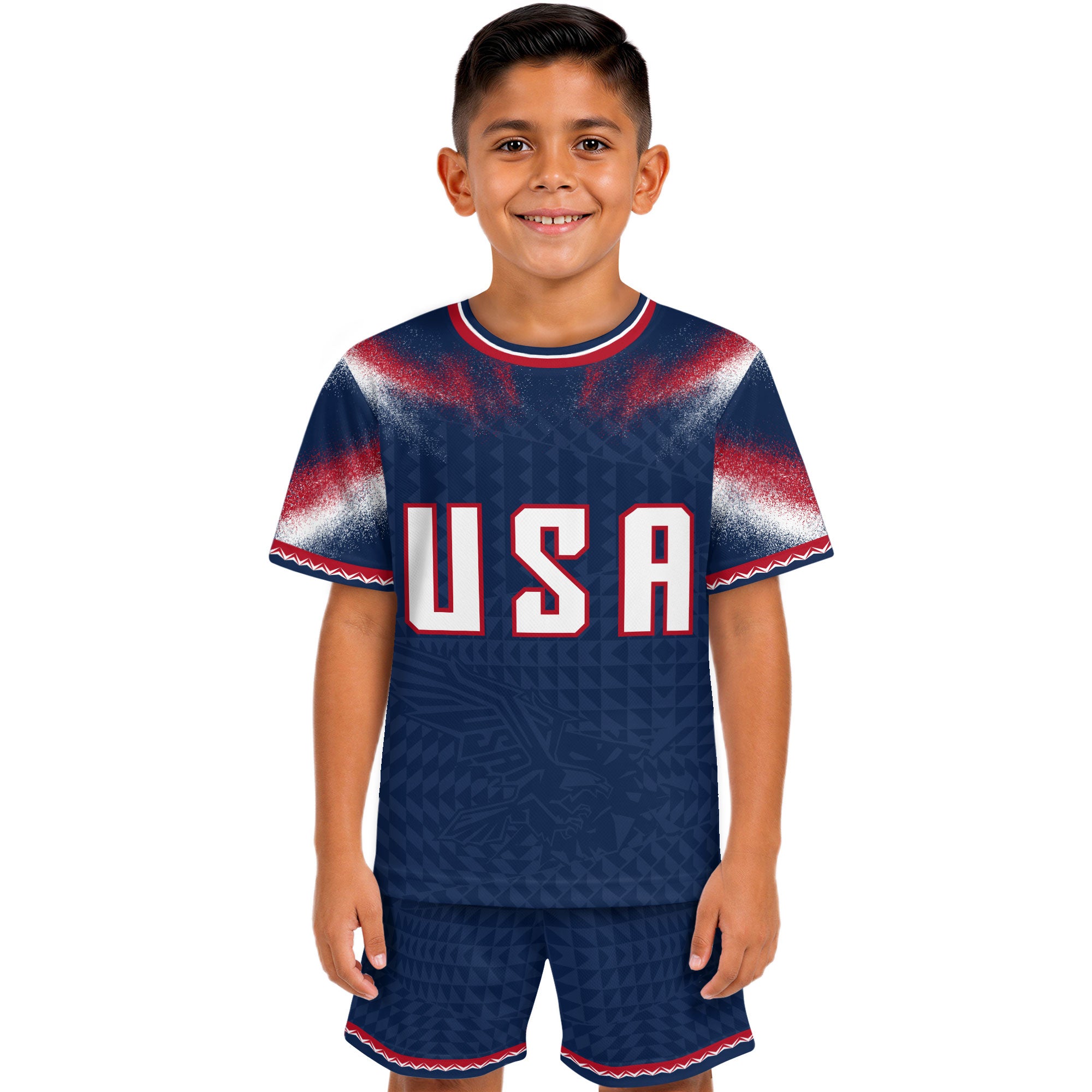 Kids USA Soccer Jersey Navy Blue Youth Red White Blue Patriotic Football Tee Shirt