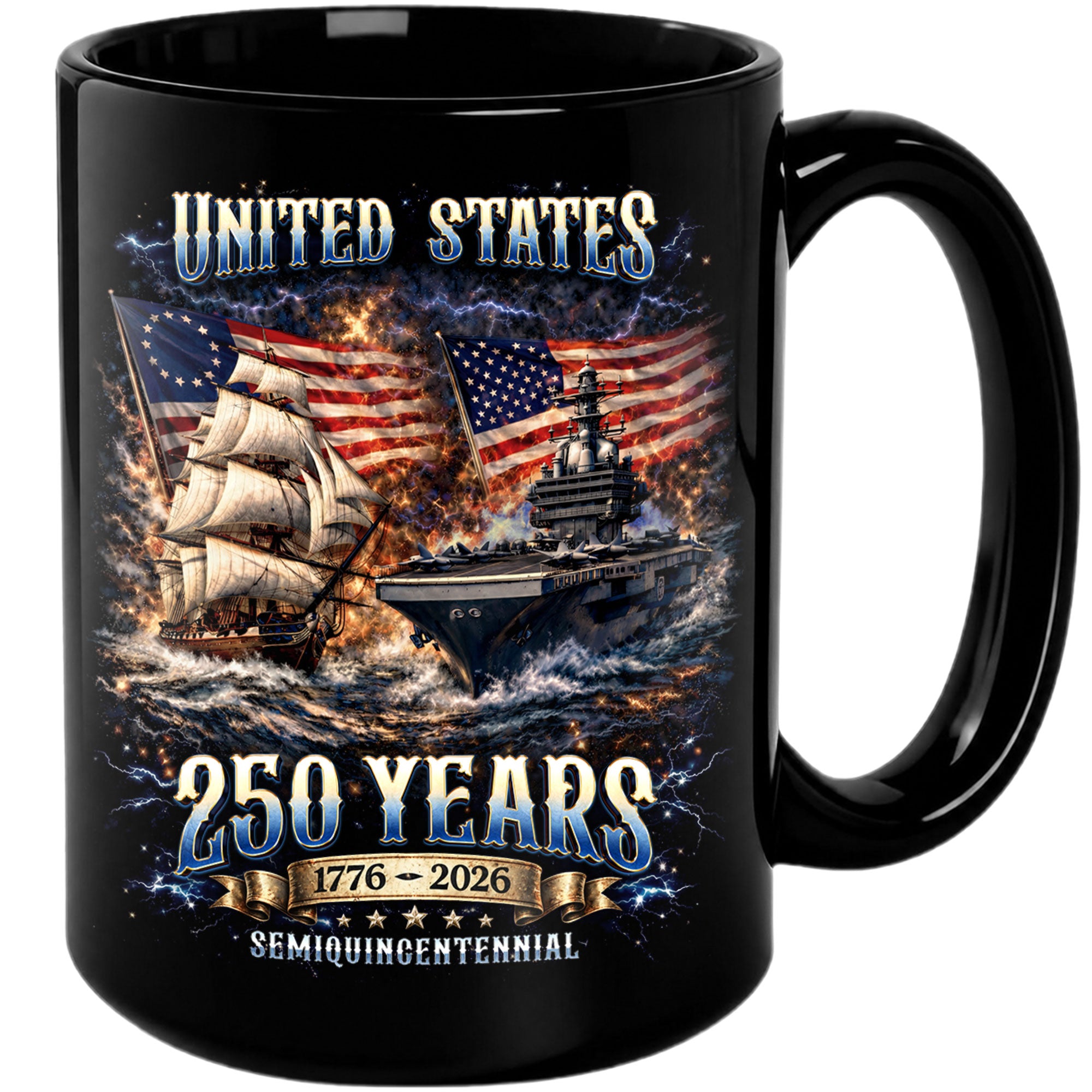 United States 250 Years Mug - 1776 2026 Patriotic Navy Ship Aircraft Carrier Cup