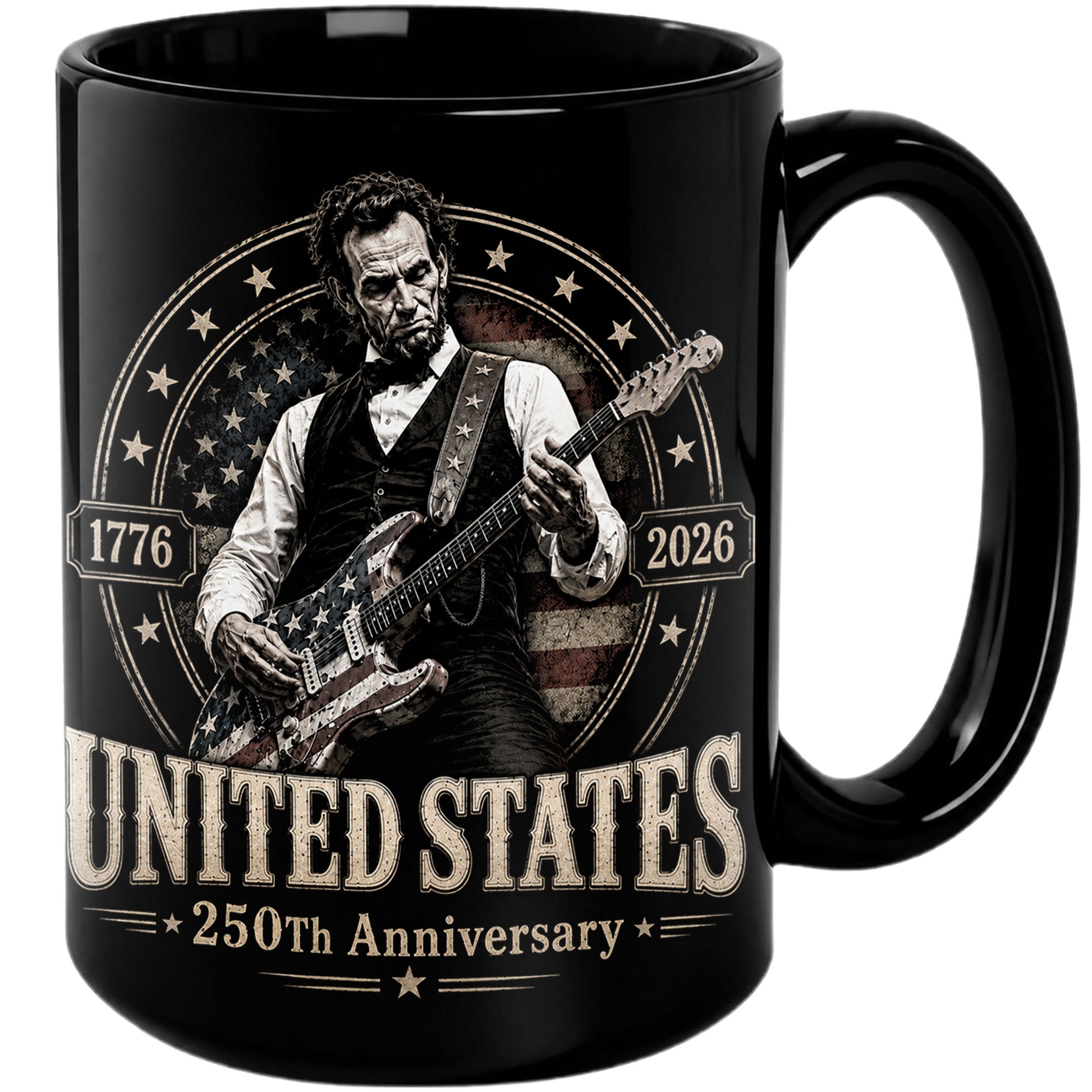 250 Years 1776 2026 Mug Abraham Lincoln Rock Guitar Patriotic Patriotic Ceramic Cup - Rust Field Wear