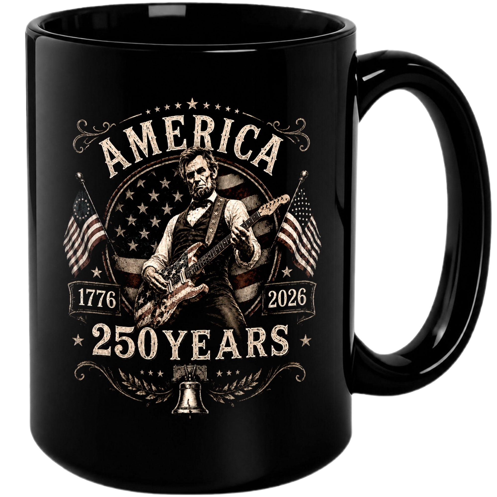 250 Years 1776 2026 Mug Abraham Lincoln Rock Guitar Liberty Bell Patriotic Cup Gift