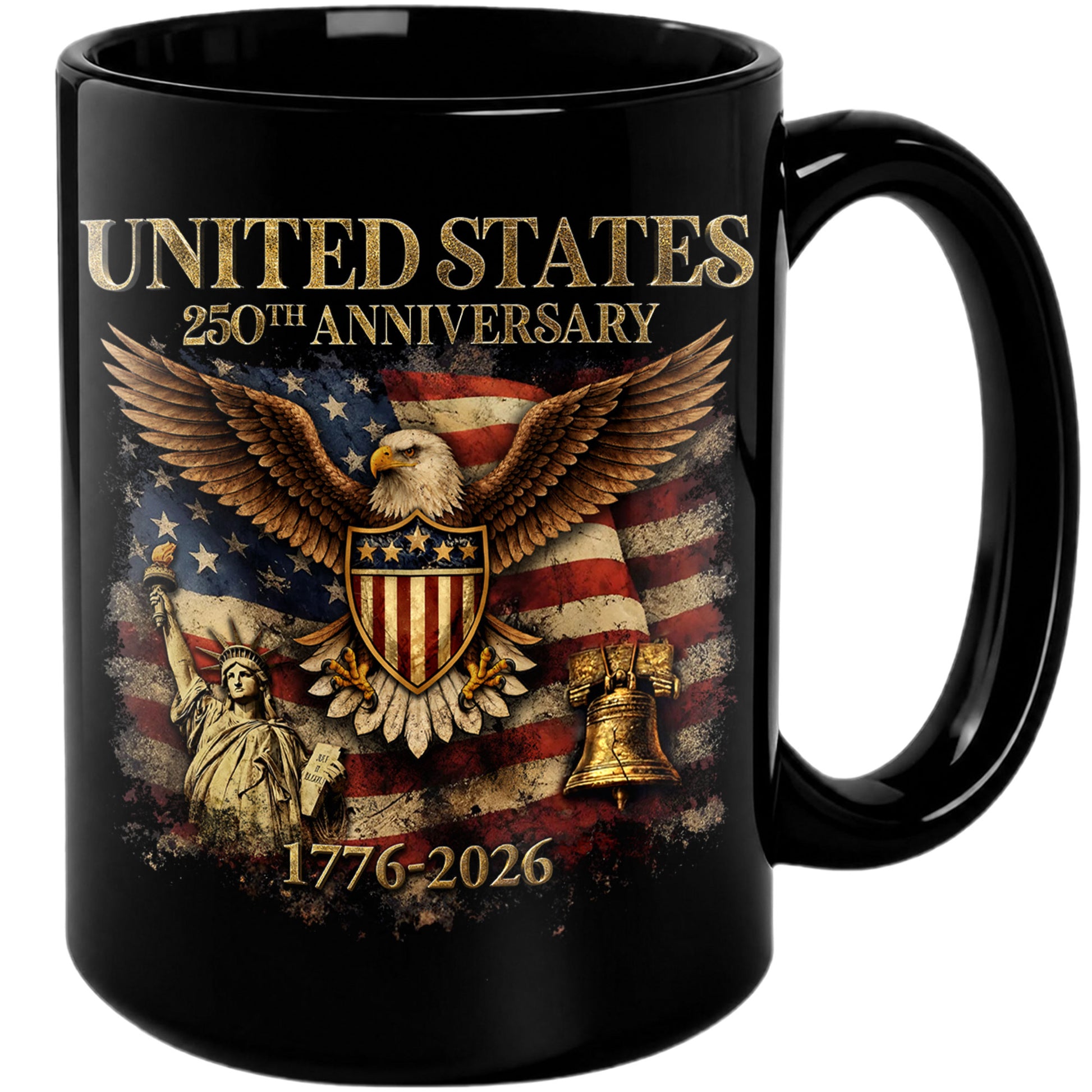 USA 250 Years 1776-2026 Patriotic Symbols Statue of Liberty Eagle Anniversary Mug - Rust Field Wear
