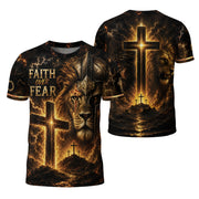 Faith Over Fear Lion Cross Warrior 3D Graphic Christian T Shirt Apparel Men Clothing
