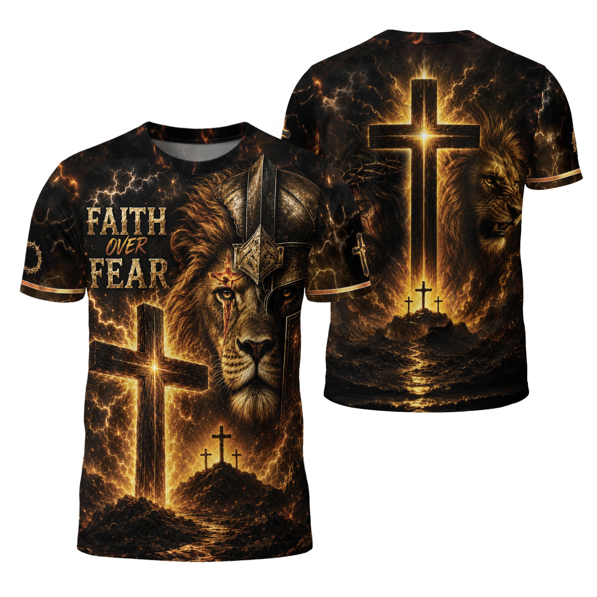 Faith Over Fear Lion Cross Warrior 3D Graphic Christian T Shirt Apparel Men Clothing