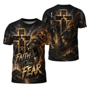 Faith Over Fear Jesus Lion Cross 3D Graphic Christian T Shirt Apparel Men Clothing