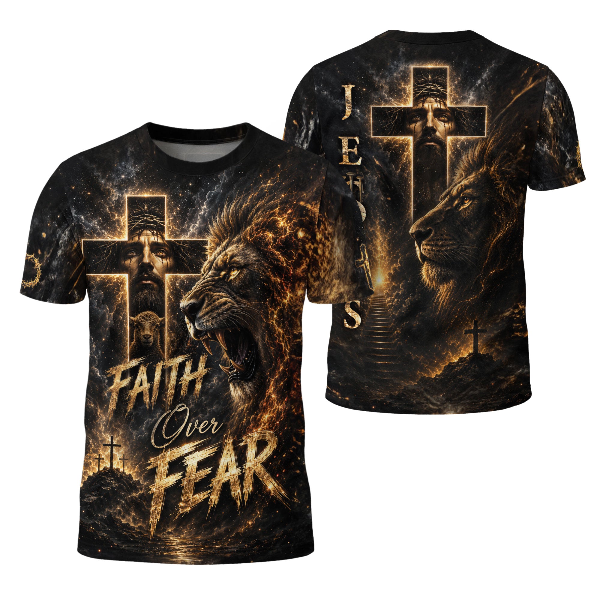 Faith Over Fear Jesus Lion Cross 3D Graphic Christian T Shirt Apparel Men Clothing