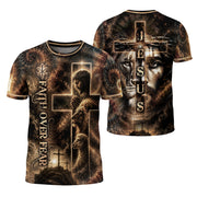 Jesus Lion Cross Faith Over Fear 3D Graphic Christian T Shirt Apparel Men Clothing