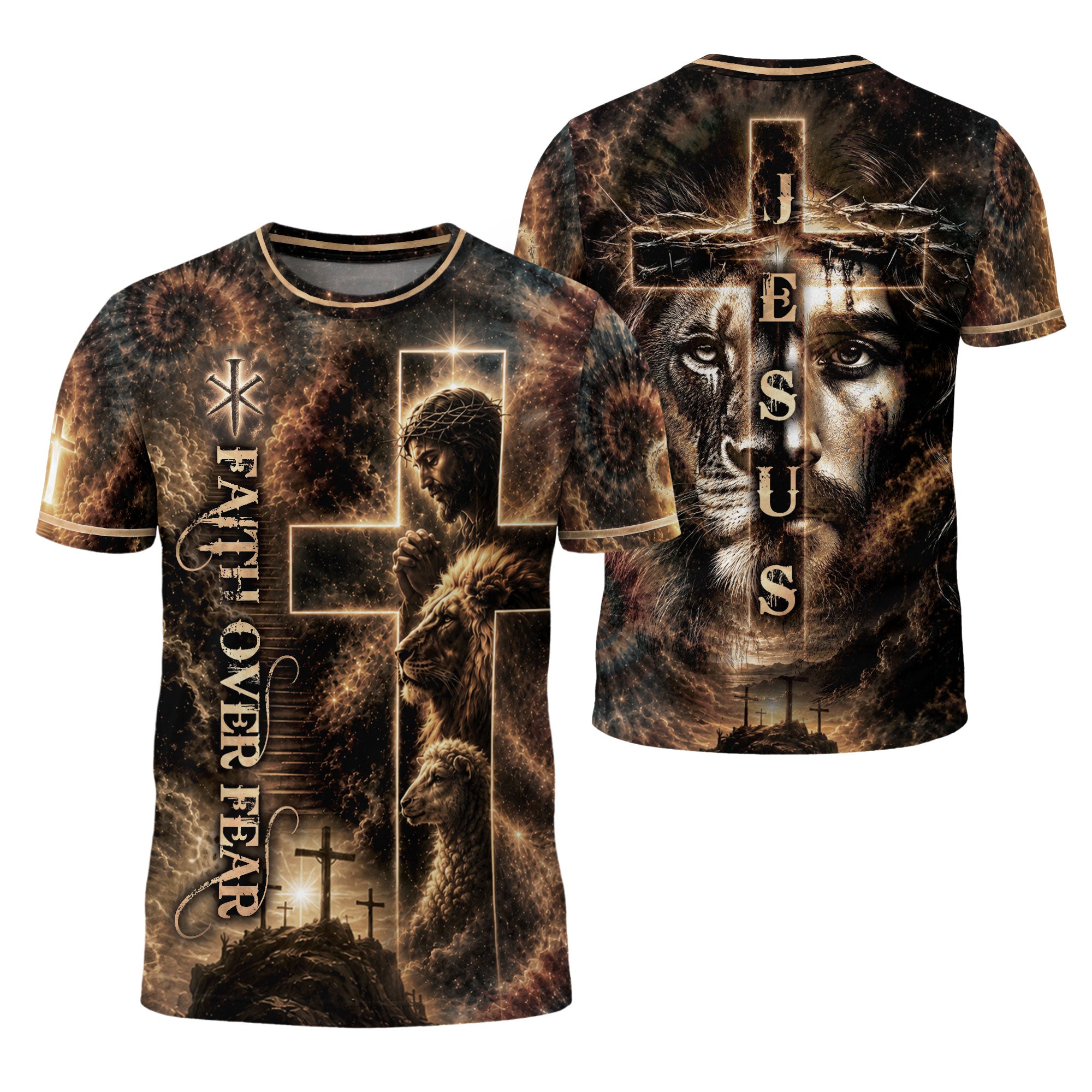 Jesus Lion Cross Faith Over Fear 3D Graphic Christian T Shirt Apparel Men Clothing