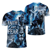Faith Over Fear Lightning Lion Cross 3D Graphic Christian T Shirt Apparel Men Clothing