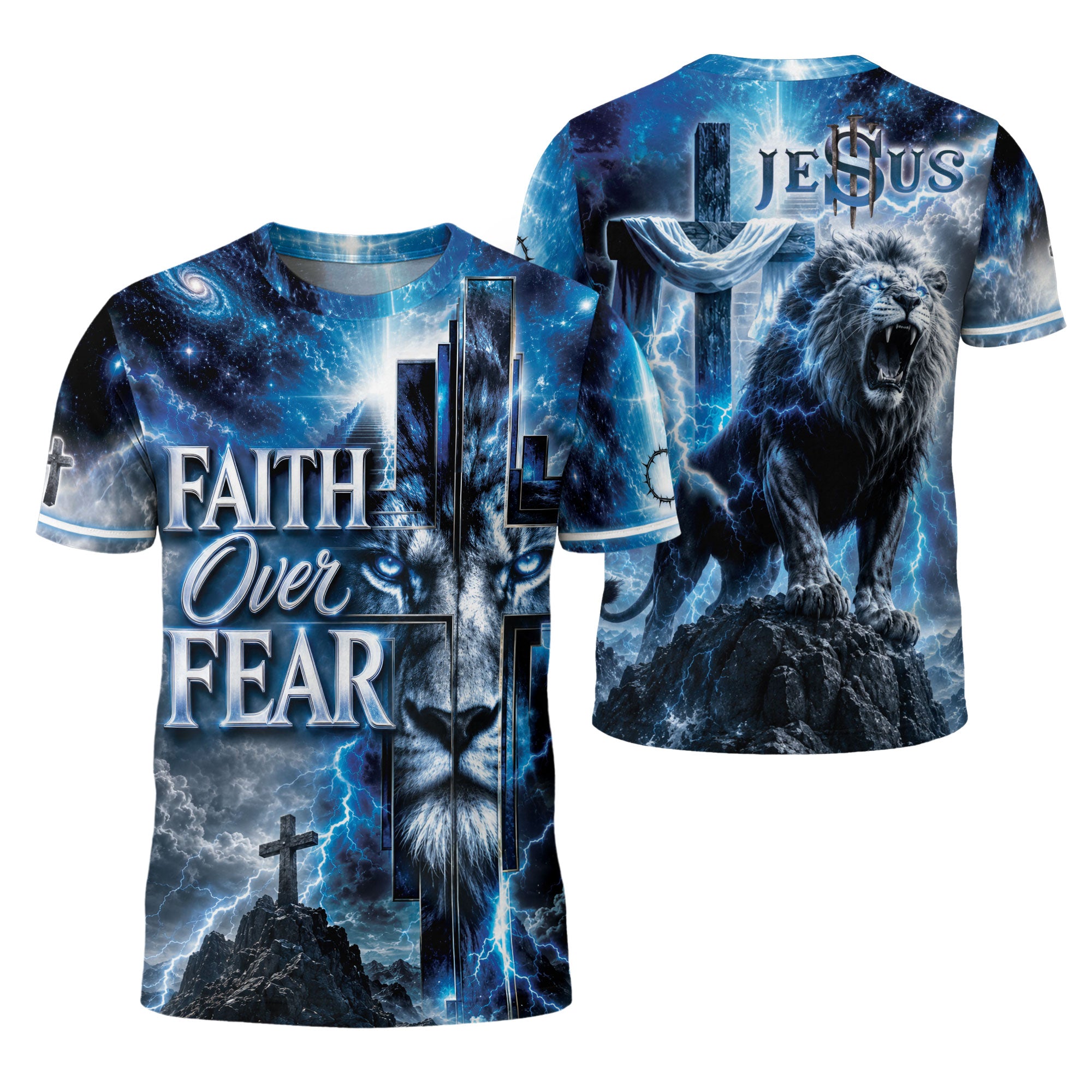 Faith Over Fear Lightning Lion Cross 3D Graphic Christian T Shirt Apparel Men Clothing