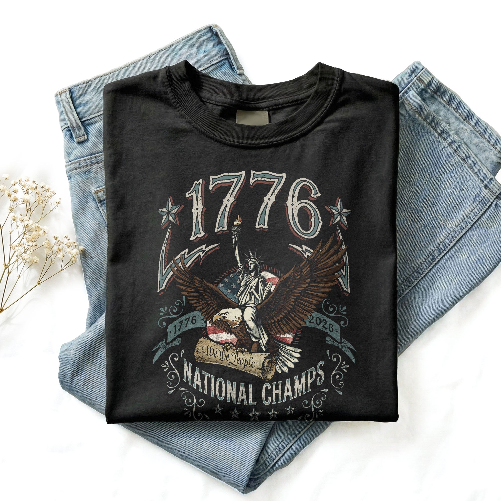 1776 National Champs Shirt Vintage Patriotic Eagle Graphic Tee 4th of July Comfort T-Shirt