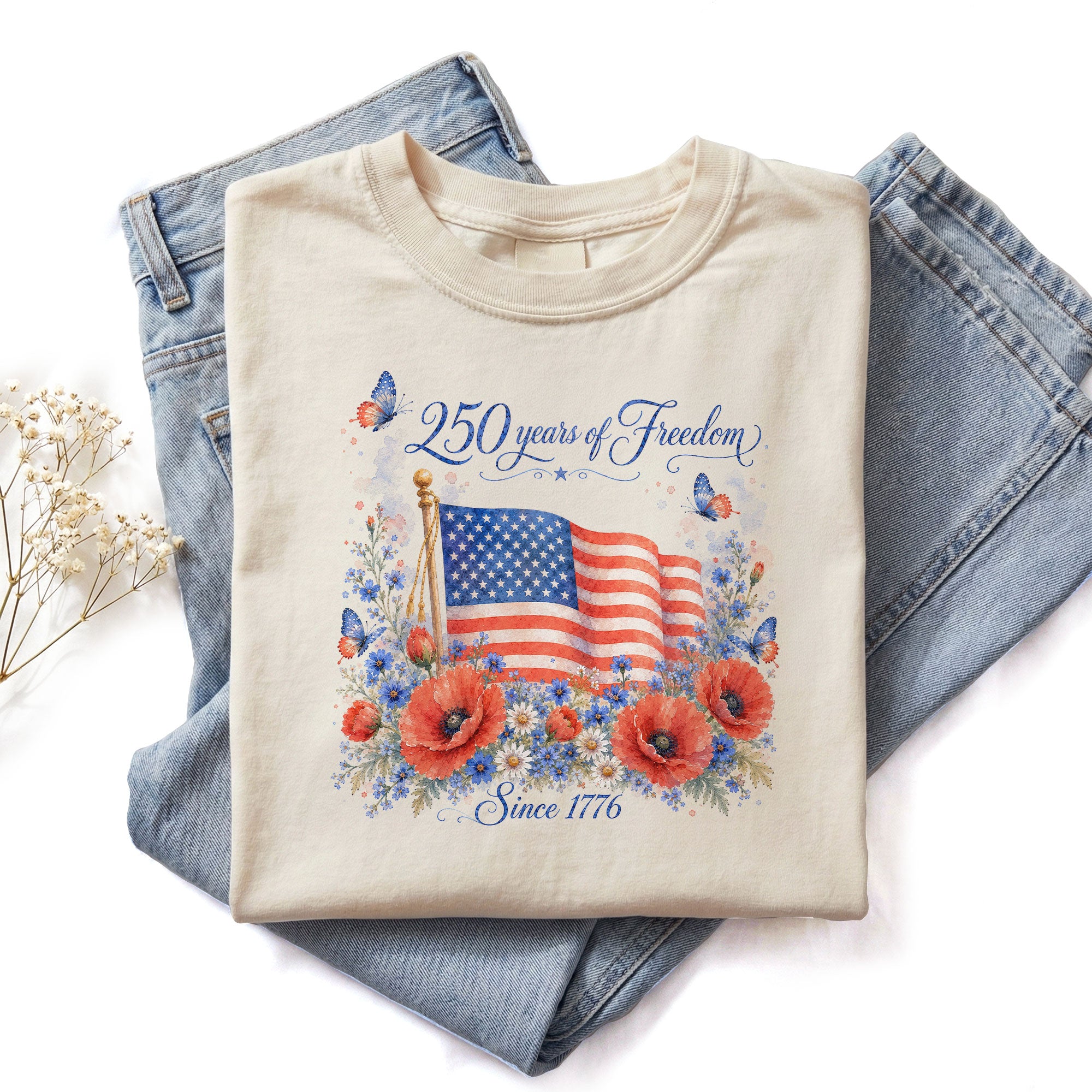 250 Years of Freedom T-Shirt 1776 US Flag Floral Patriotic Women Oversized Graphic Tee