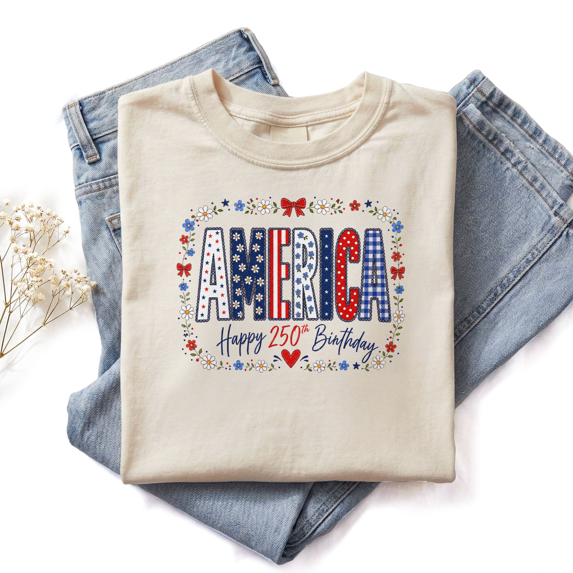 Happy 250th Birthday T-Shirt Patriotic Floral America Graphic Tee Fourth of July