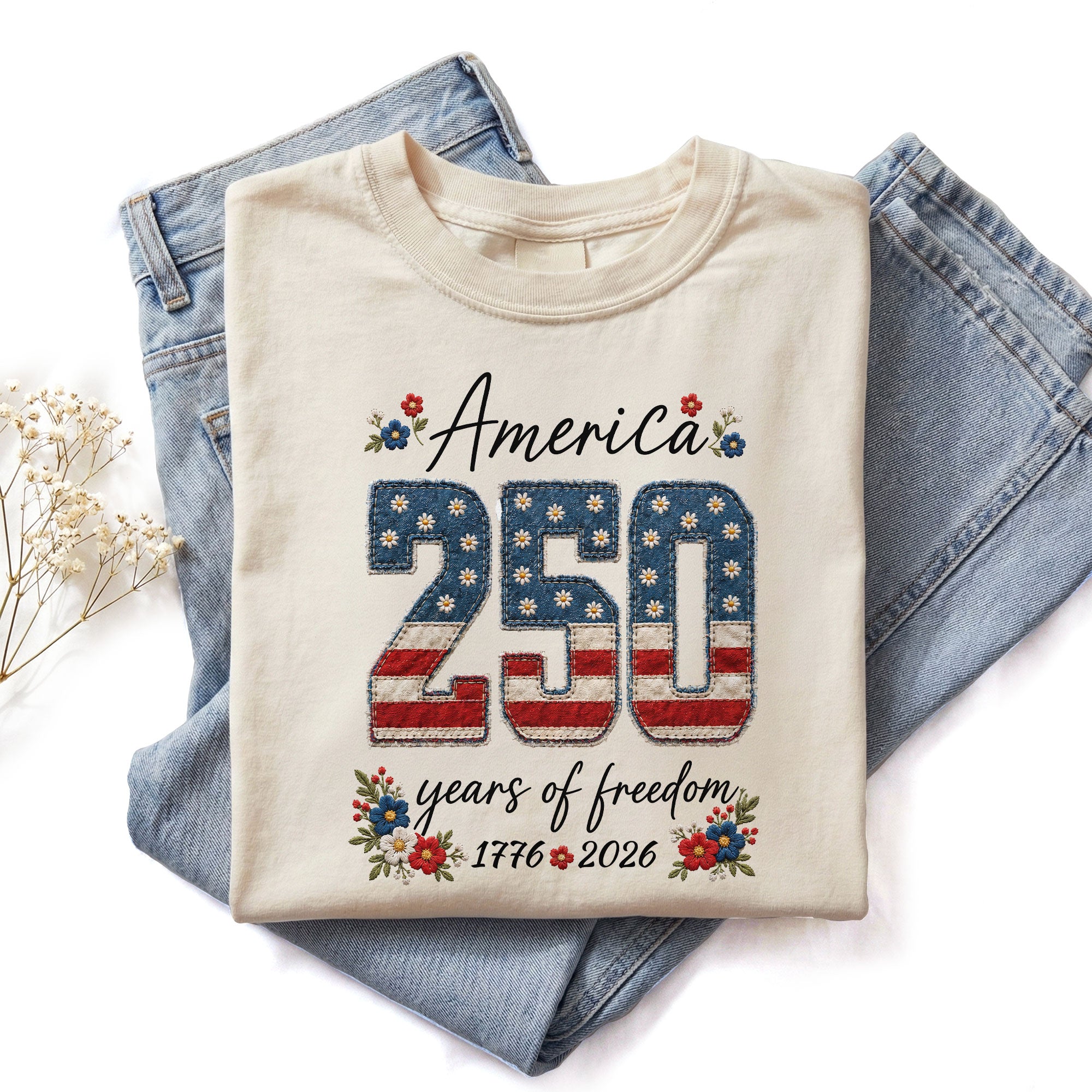 America 250 Years of Freedom T-Shirt 1776 2026 US Flag Floral Patriotic Women Tee